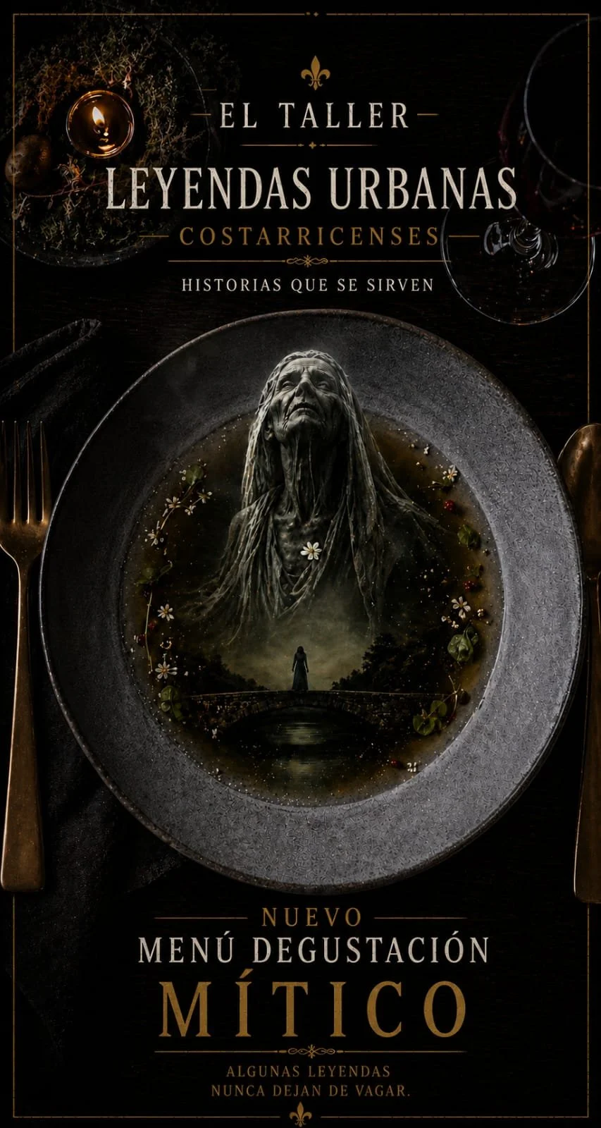 MÍTICO tasting menu at El Taller de Billy Sazón: a dish crowned by a sculpted figure from Costa Rican urban legends