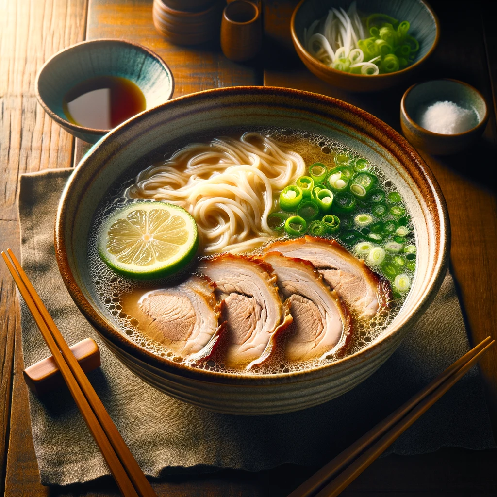 DALL·E 2024-03-05 02.09.17 - A traditional Japanese salt ramen in a ceramic bowl, showcasing a clear, savory broth with silky smooth noodles. The bowl is garnished with slices of .jpg