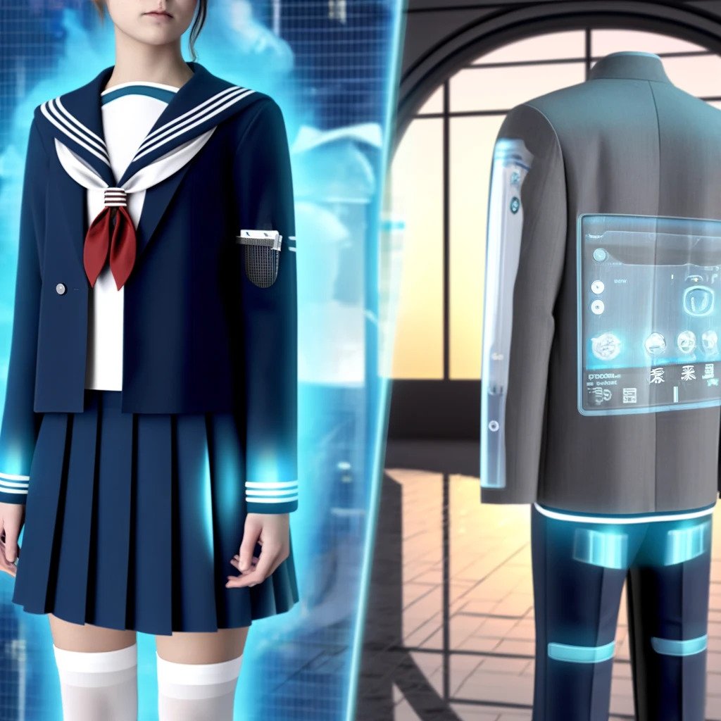 DALL·E 2024-03-31 00.00.04 - A futuristic design blending traditional Japanese school uniforms with modern elements. The girls sailor uniform includes smart fabric and integrated.jpg.jpg