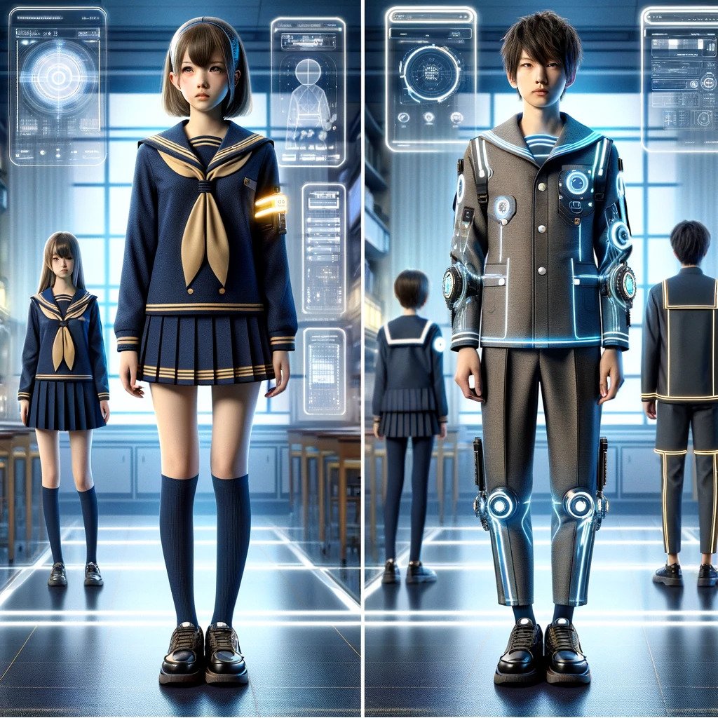 DALL·E 2024-03-30 23.59.59 - A futuristic fusion of traditional Japanese school uniforms_ For girls, a sailor suit integrated with smart fabric and LED lights, slim and high-tech.jpg.jpg