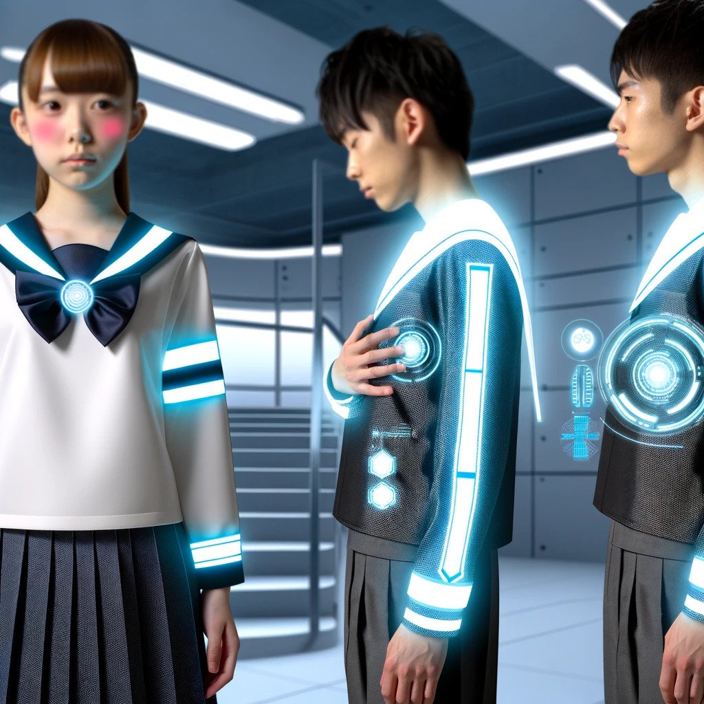 DALL·E 2024-03-31 00.00.06 - A futuristic design blending traditional Japanese school uniforms with modern elements. The girls sailor uniform includes smart fabric and integrated.jpg