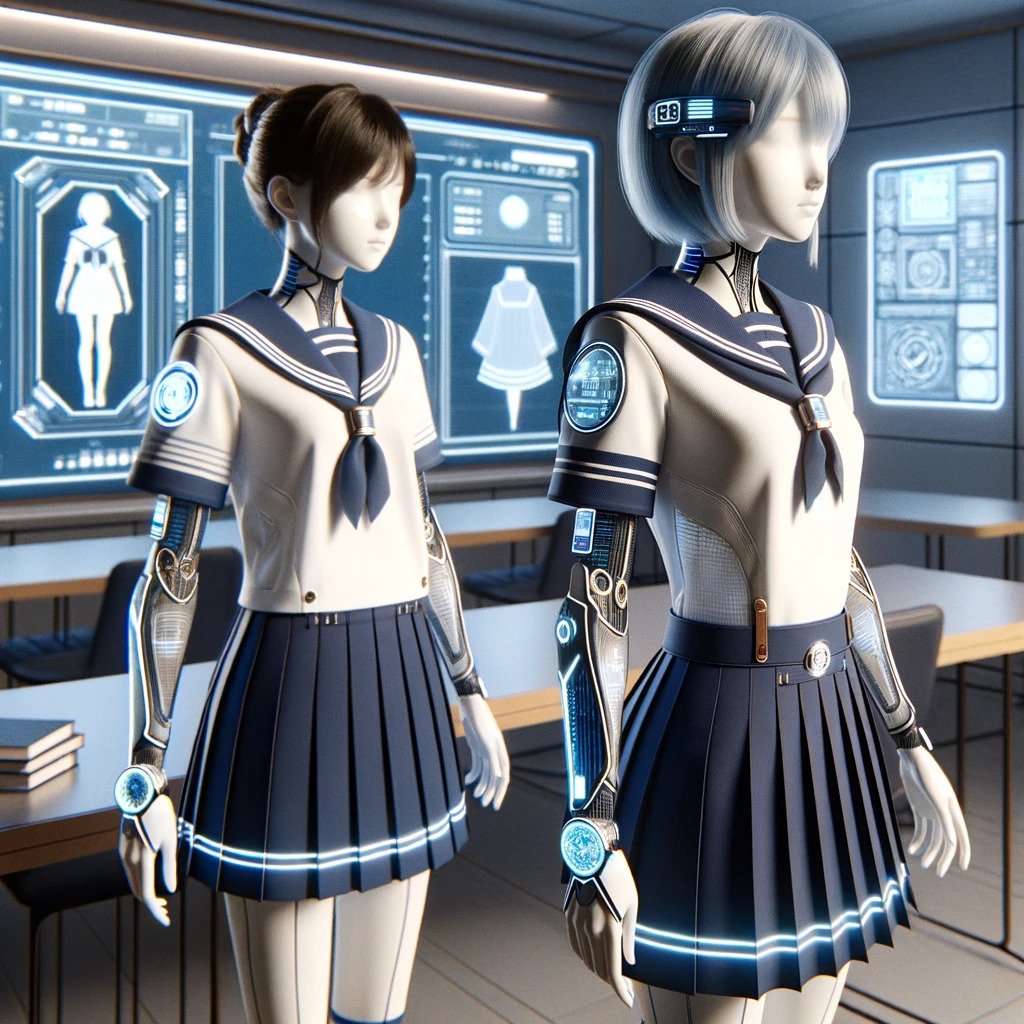 DALL·E 2024-03-31 00.00.13 - A futuristic version of traditional Japanese school uniforms, blending modern elements. The female sailor uniform includes smart fabric and integrated.jpg.jpg