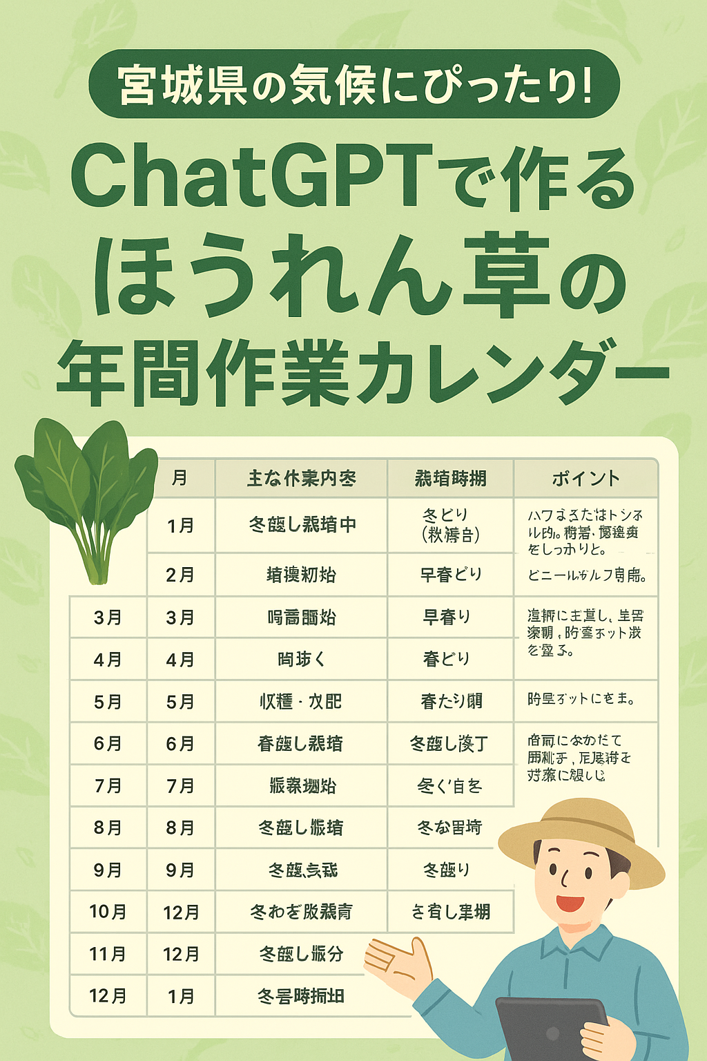 ほぼテク10月24日 ChatGPTで作る!宮城県に最適な「ほうれん草の年間作業計画」とは?
