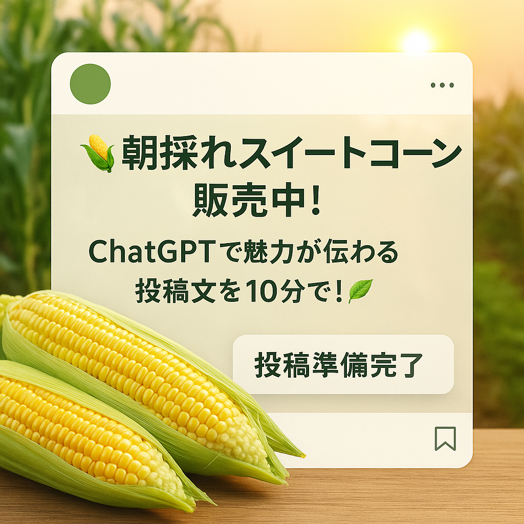 ほぼテク10月26日 「今朝採れたスイートコーン」の販売告知をChatGPTで作ってみた!初心者でも簡単に魅力が伝わるInstagram投稿文の作り方