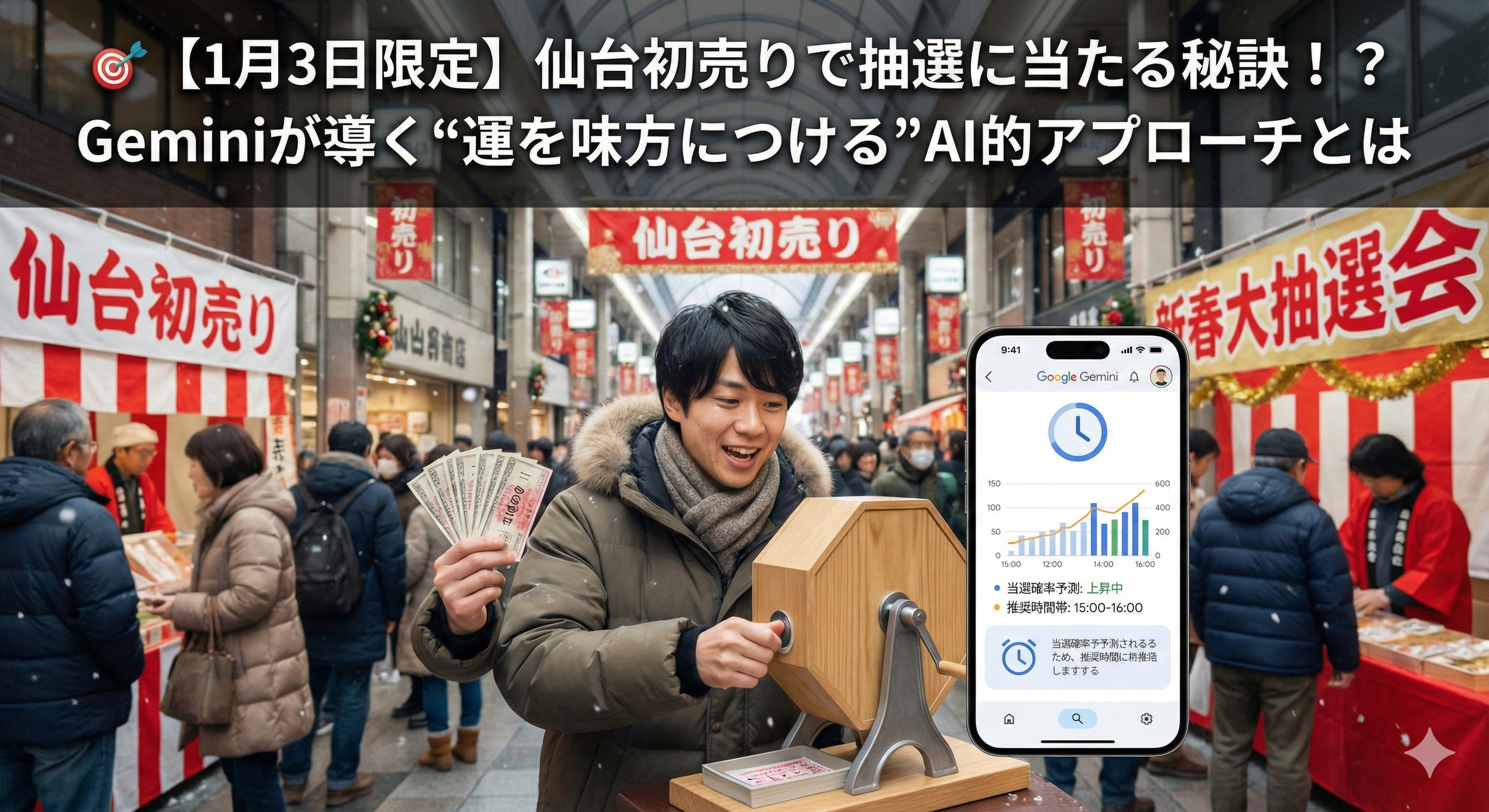 ほぼテク1月3日 🎯【1月3日限定】仙台初売りで抽選に当たる秘訣！？Geminiが導く“運を味方につける”AI的アプローチとは