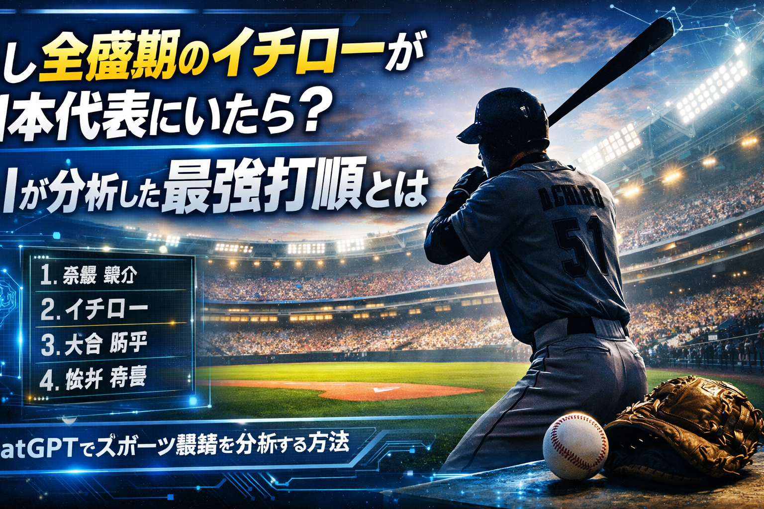 ほぼテク3月8日 【AI初心者でもできる】「もし日本代表に全盛期のイチローがいたら？」を分析させるChatGPT活用術。スポーツ分析でAIの凄さを体感しよう！