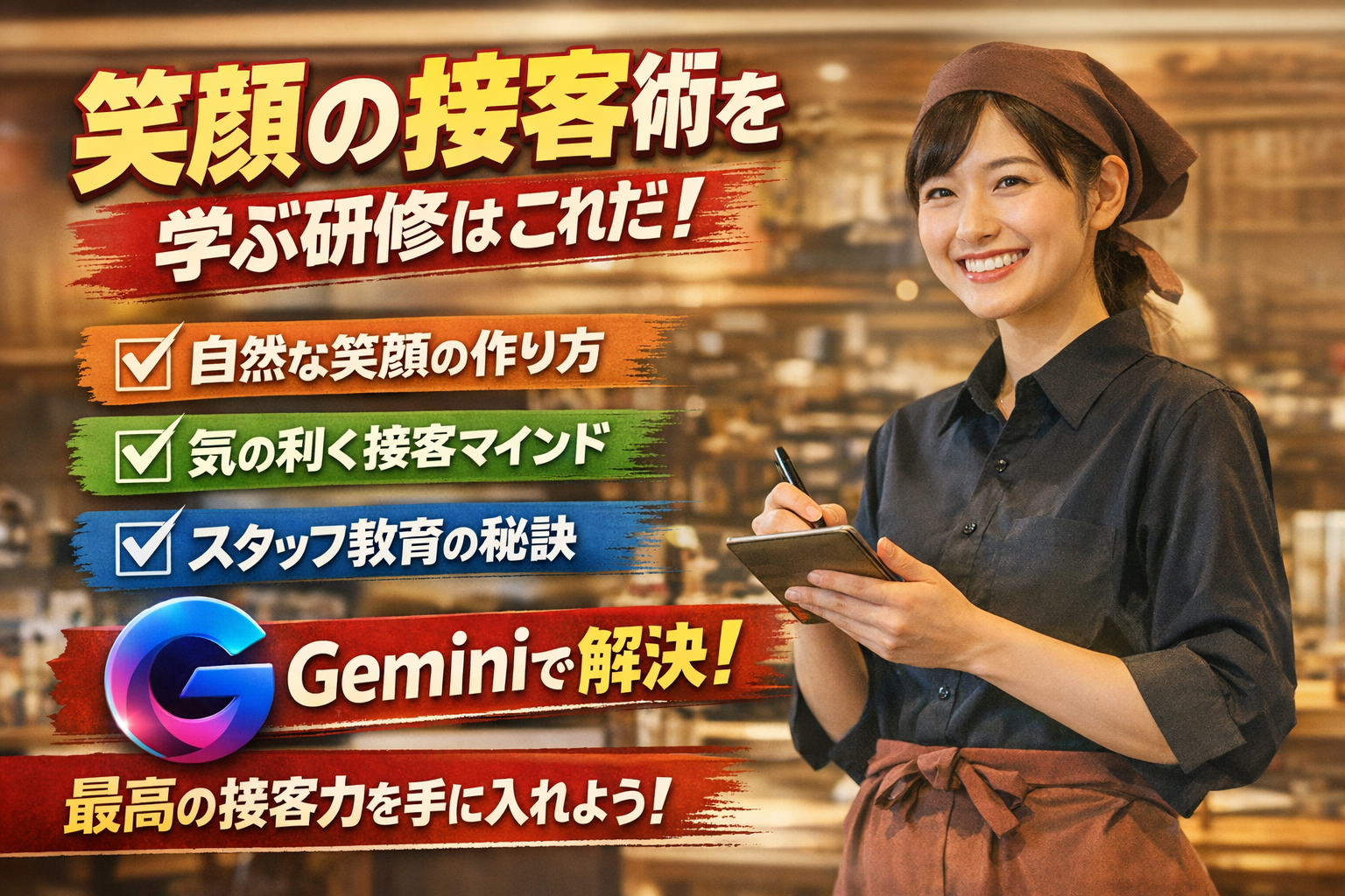 ほぼテク4月10日 Geminiで接客研修探しはここまで変わる。自然な笑顔と気の利く接客を育てる外部研修を効率よく見つける方法