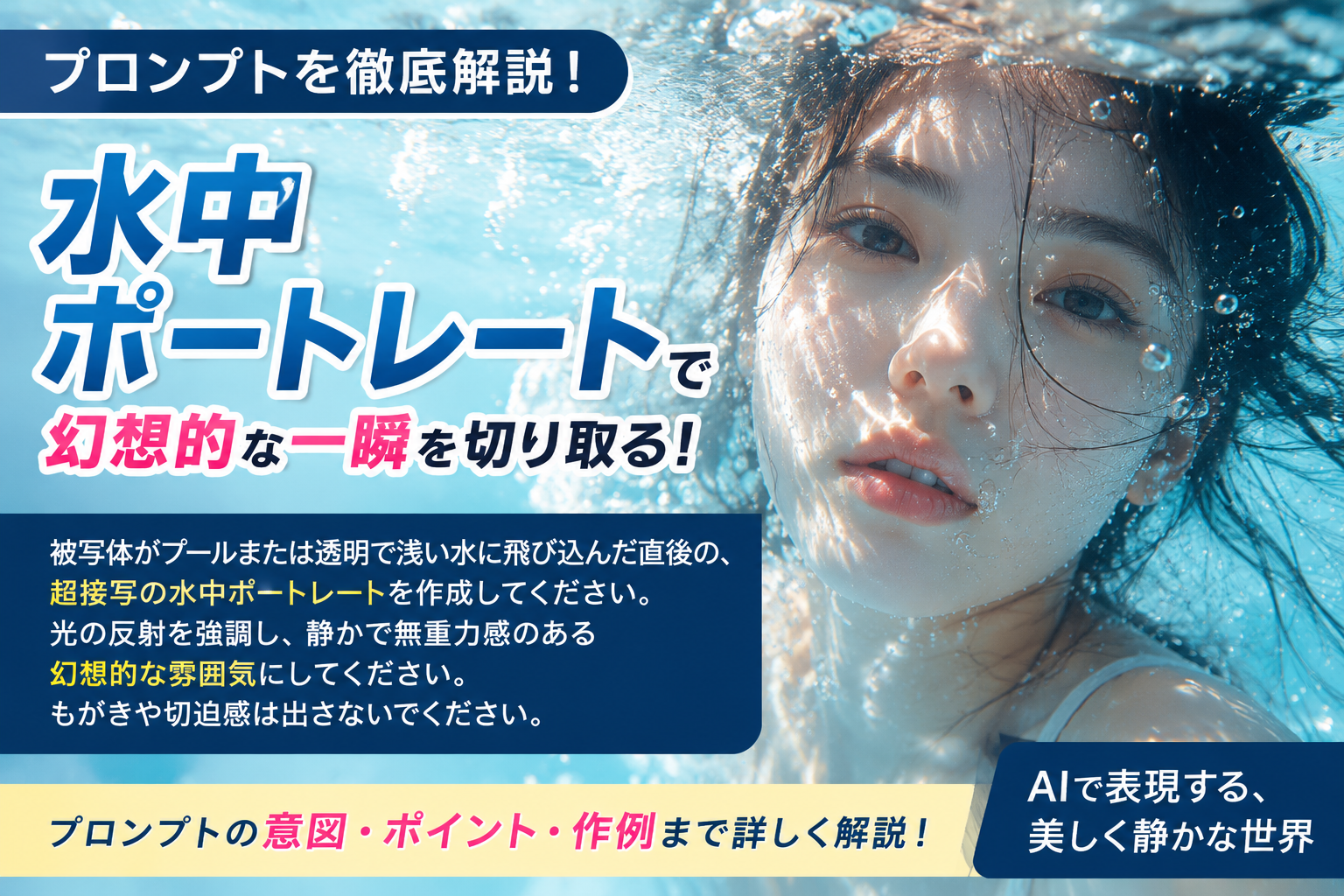 ほぼテク5月24日 水中ポートレートをAIで幻想的に描く！ChatGPTプロンプトの作り方を初心者向けに解説
