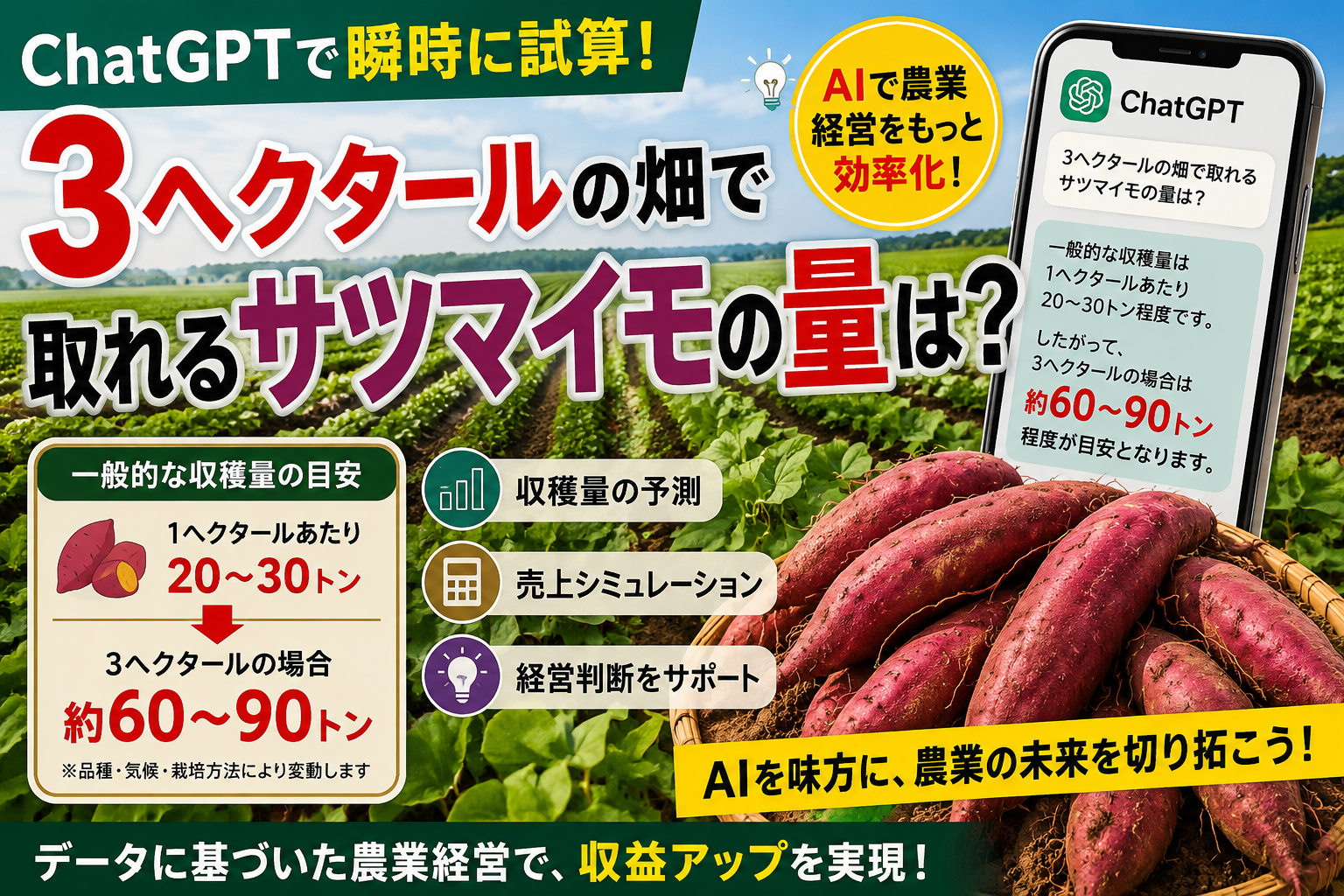 ほぼテク5月30日 【ChatGPTで瞬時に試算】3ヘクタールの畑で取れるサツマイモの量は？農業の計算をAIで効率化する方法