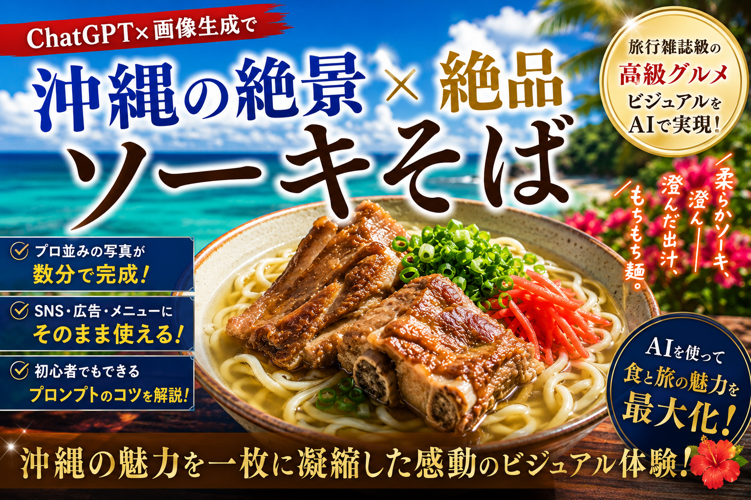ほぼテク6月5日 【ChatGPT×画像生成】沖縄の海と絶品ソーキそばが生み出す最強グルメビジュアル！AIで旅行雑誌級の画像を作る方法とは？