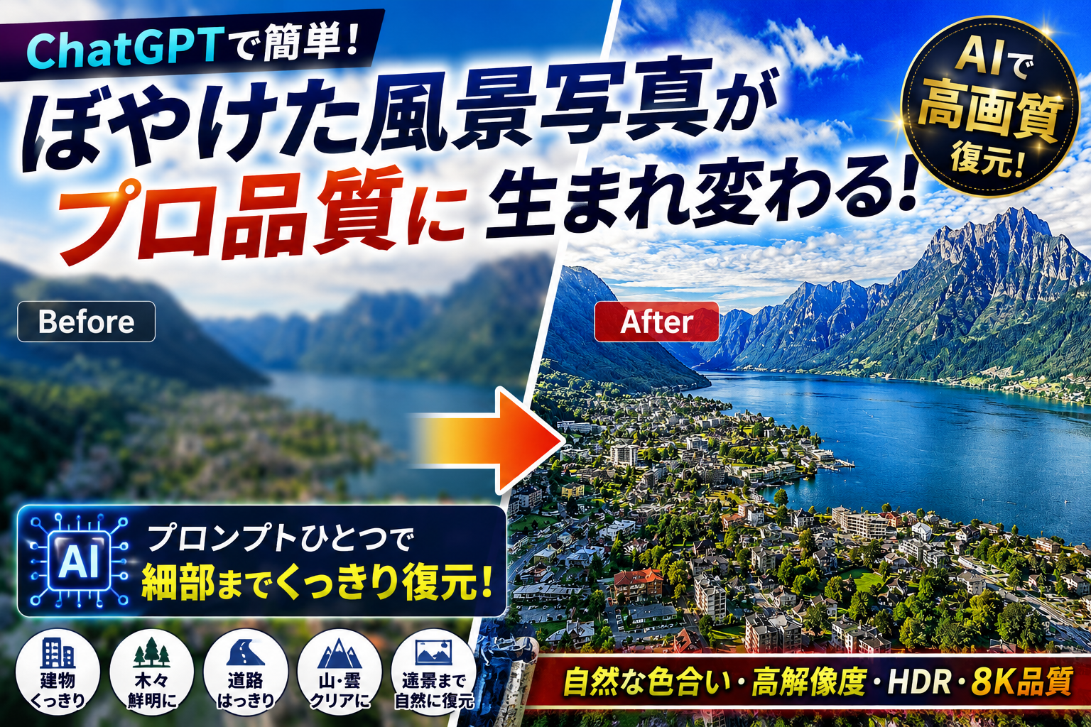 ほぼテク6月14日 ぼやけた風景写真がプロ品質に変わる。ChatGPTで写真復元を依頼するAIプロンプト活用術