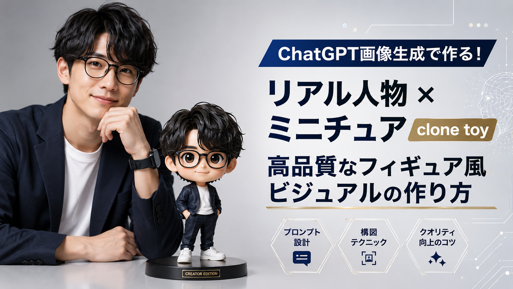 ほぼテク6月19日 ChatGPT画像生成で「リアル人物×ミニチュア clone toy」を作るプロンプト術｜高品質なフィギュア風ビジュアルを作る方法