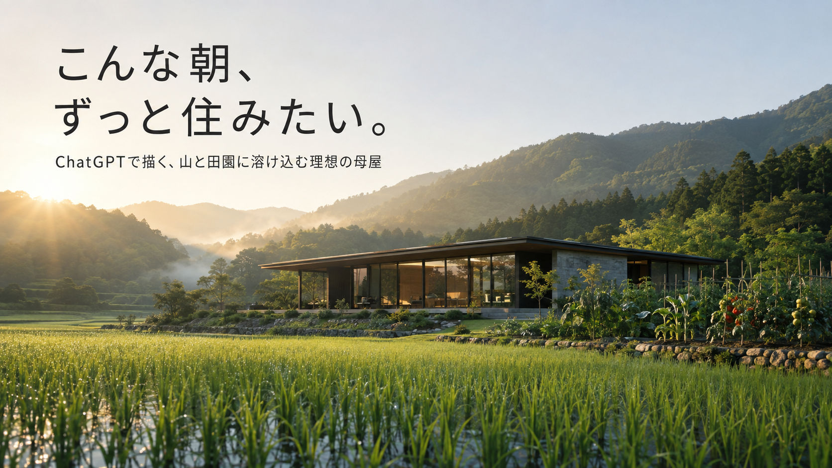 ほぼテク8月16日ChatGPT画像生成で「ずっと住みたくなる母屋」を描く｜山・田園・現代建築をフォトリアルに生成するプロンプト