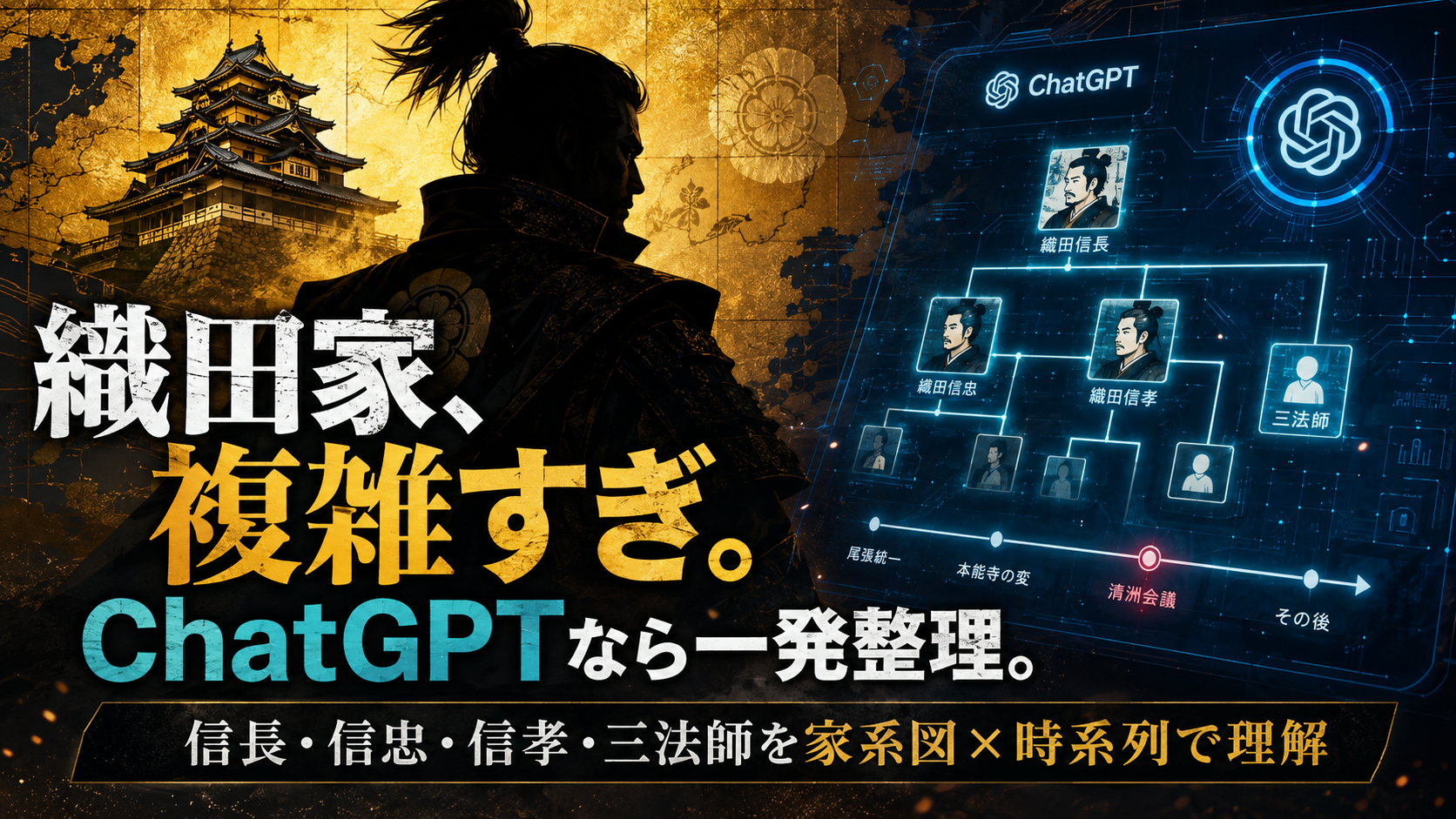ほぼテク8月18日ChatGPTで複雑な歴史人物を一発整理！織田信長の家系と清洲会議を「家系図×時系列」で理解するプロンプト