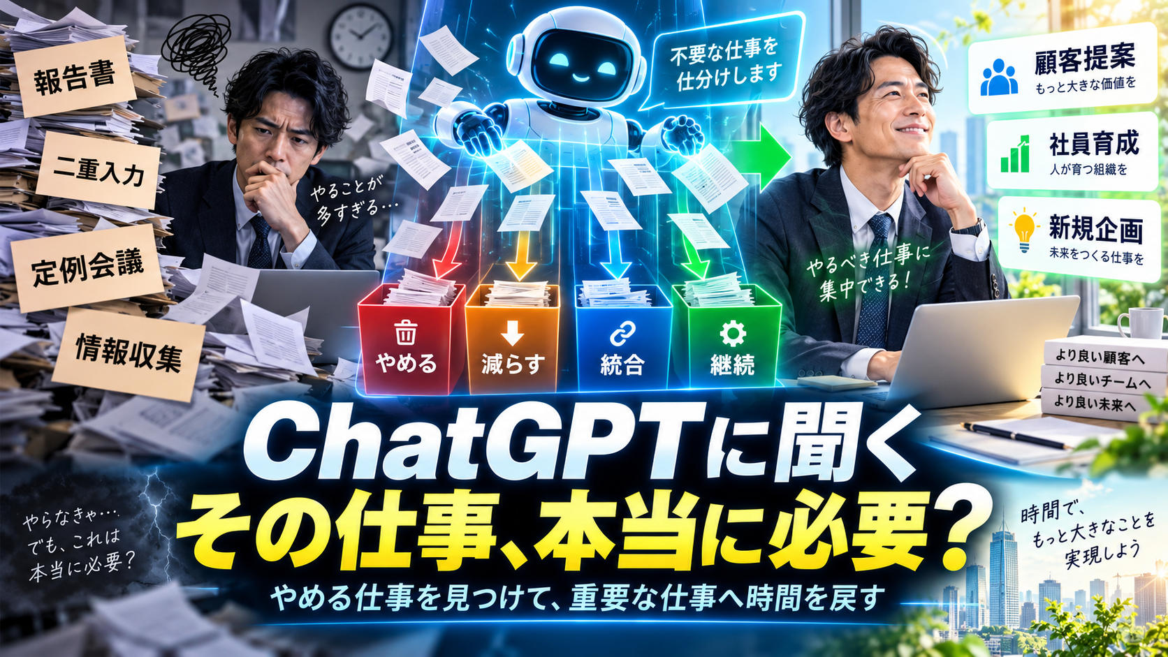 ほぼテク9月16日ChatGPTで「やめる仕事」を見つけるプロンプト｜業務のムダを減らし、本当に重要な仕事へ時間を戻す方法