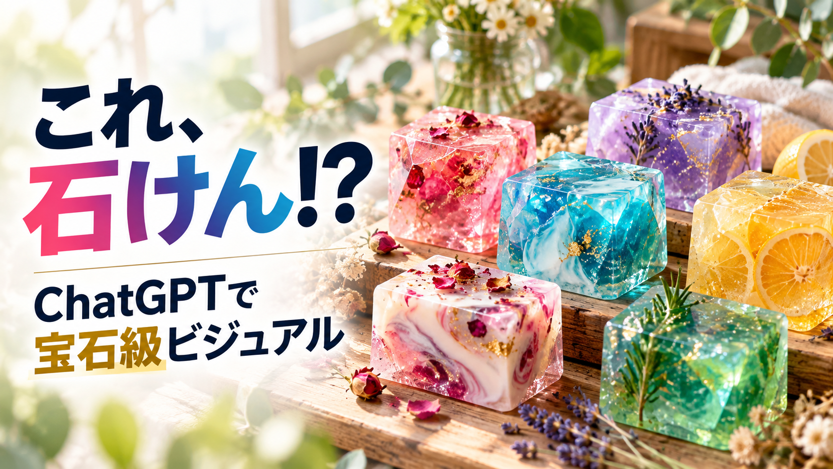 ほぼテク9月21日ChatGPTで宝石のようなハンドメイド石けん画像を作る方法｜画像生成プロンプトを徹底解説