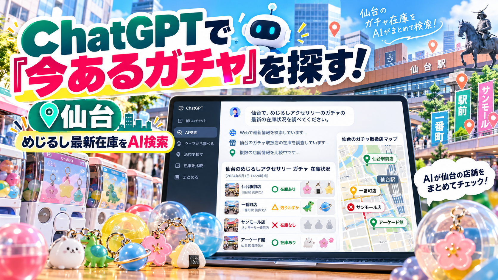 ほぼテク9月24日ChatGPTで仙台の「めじるしアクセサリー」在庫を探す方法｜短いプロンプトで最新ガチャ情報を調査