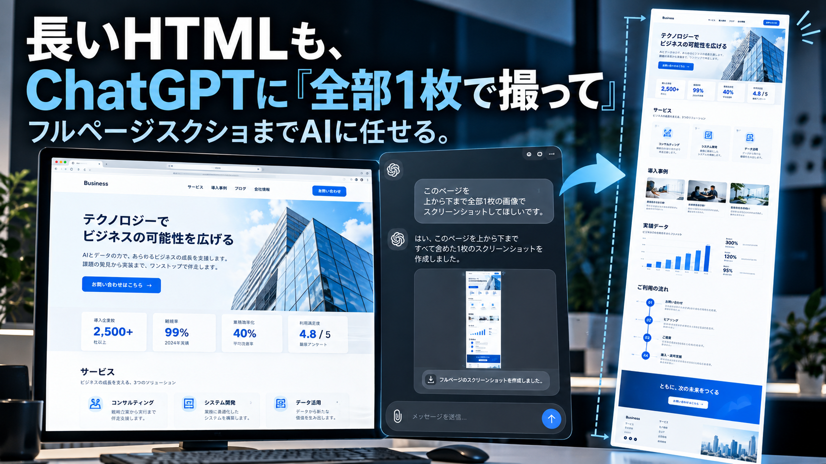 ほぼテク9月28日ChatGPTで長いHTMLを一気にフルページスクショ！外部の専用ツールなしで縦長ページを1枚にするプロンプト