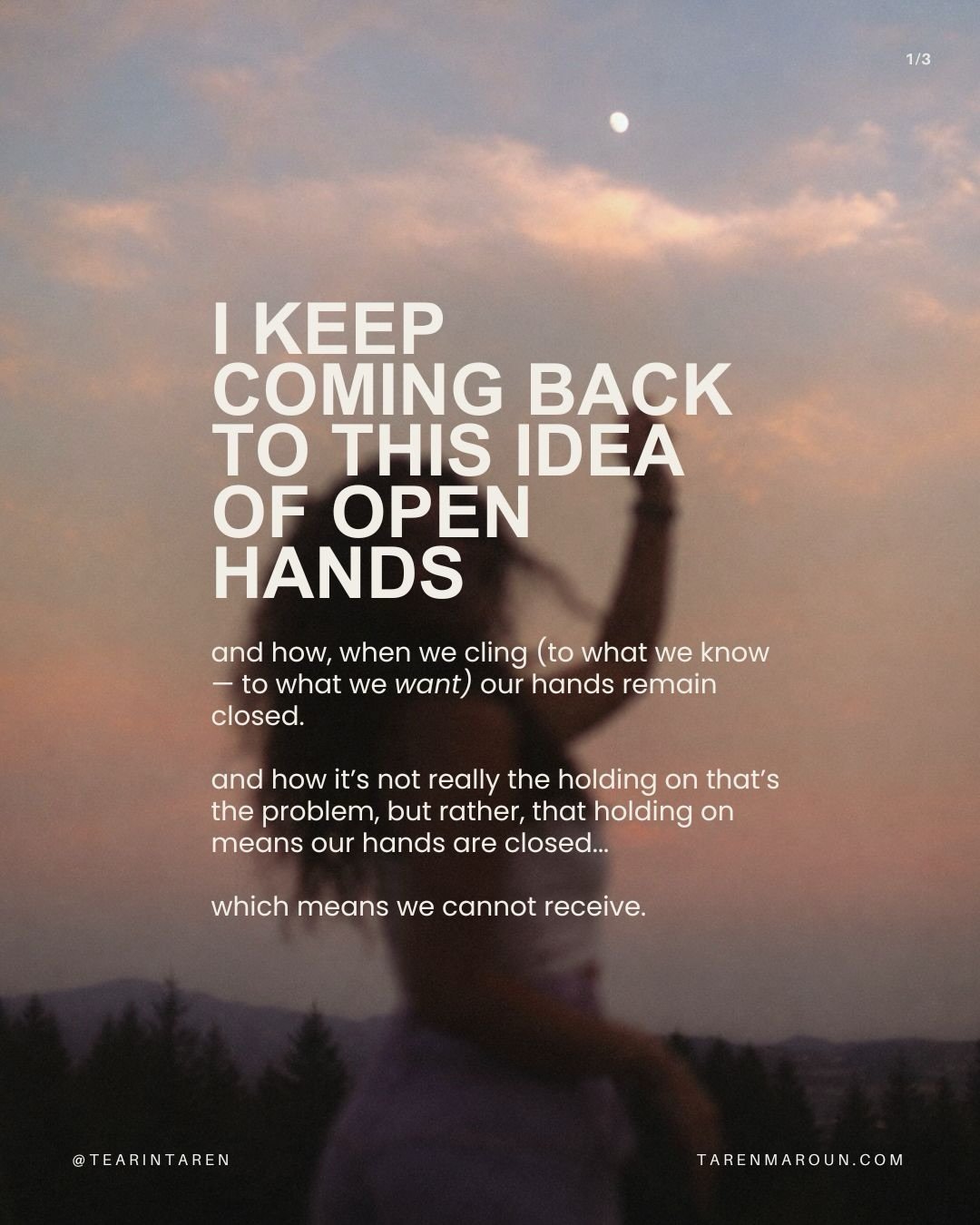 I keep coming back to this idea of open hands, and how when we cling (to the things we know, the things we love, the things we want..) our hands remain closed to possibility.

Everything you seek is seeking you.

Opening your hands is not giving up. 