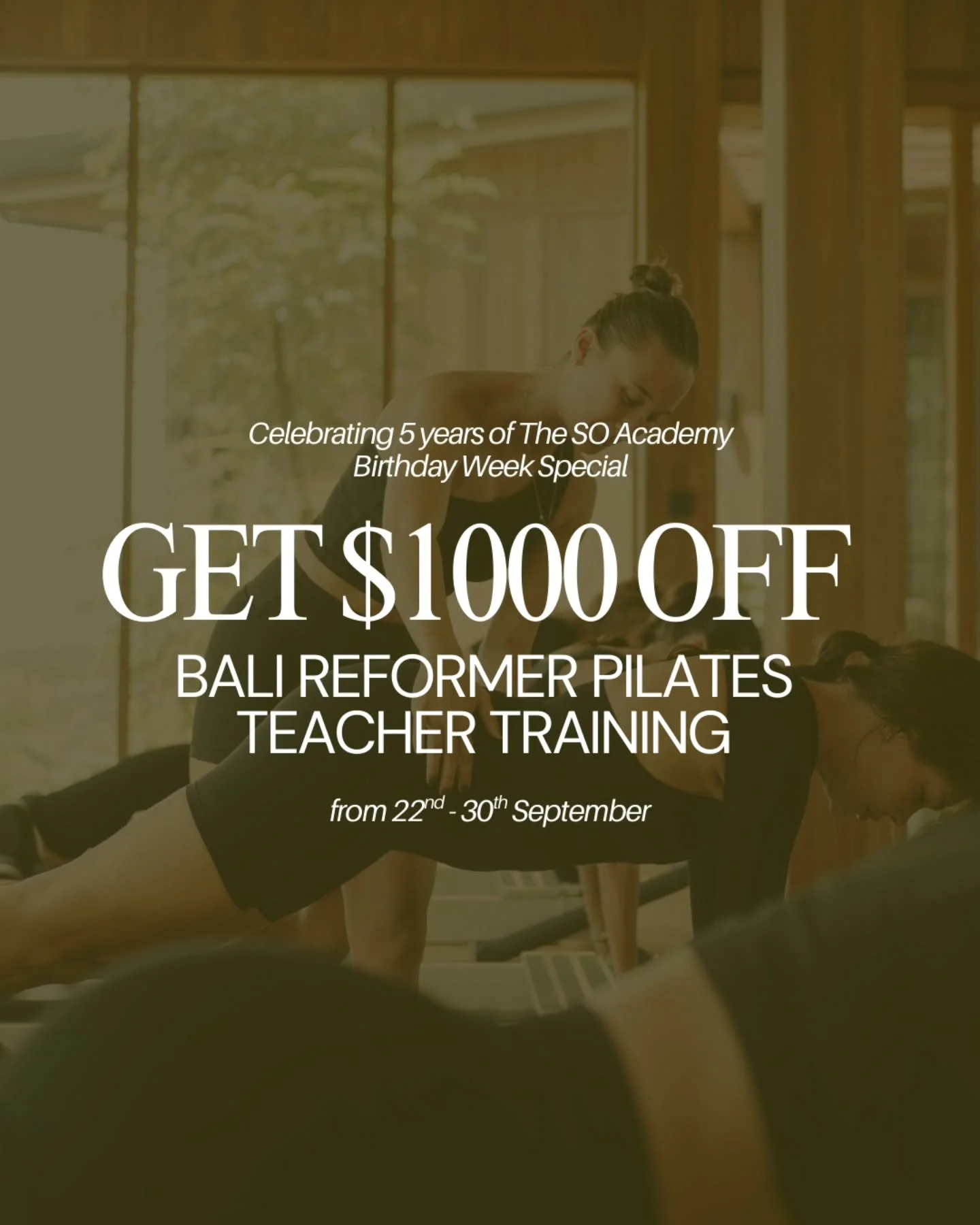 💖 Celebrating 5 years of The SO Academy 💖

Start your Pilates Instructor Journey in beautiful Bali, Indonesia. Half a decade is no easy feat, so we've decided to celebrate with you all!

Sign up between 22nd-30th September and have your tuition fee