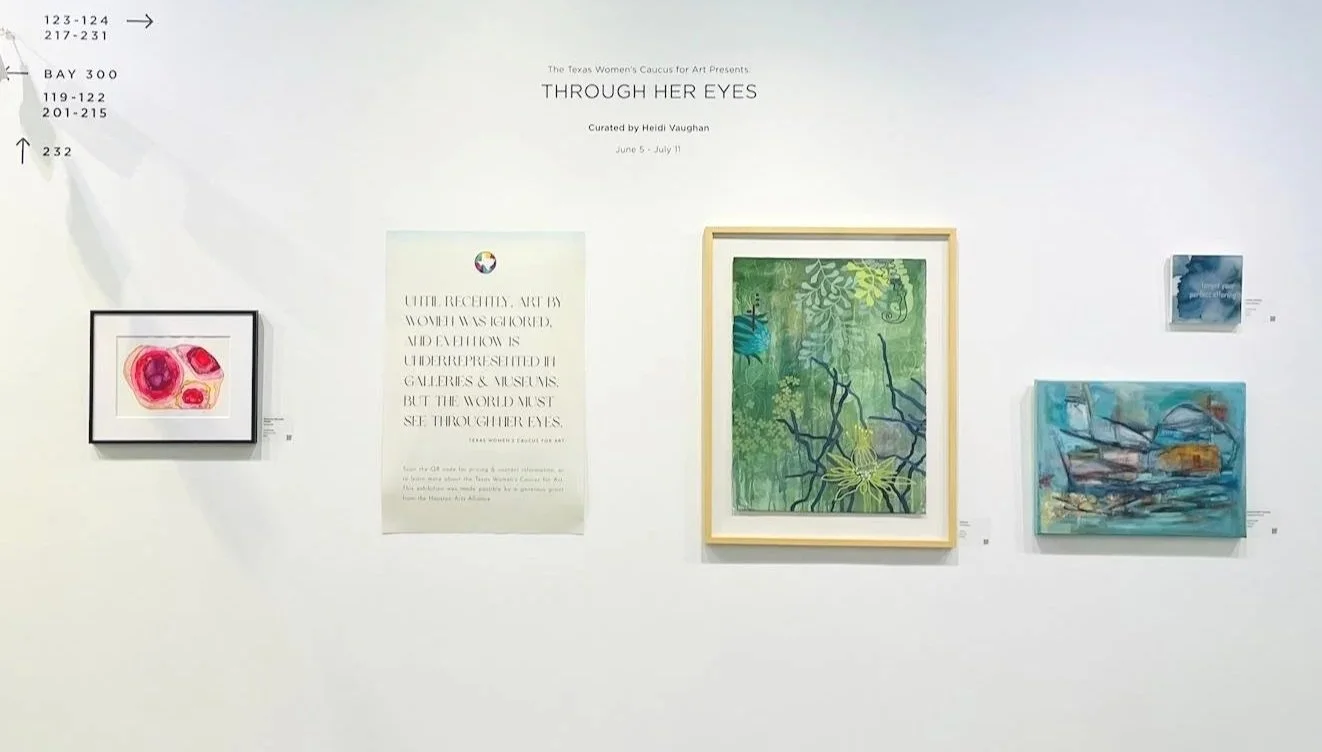 Gallery 200 at The Silos at Sawyer Yards (Houston) Through Her Eyes Juried Exhibition 2026 -- Title Wall -- Primordial Monolith Embers (far left)  