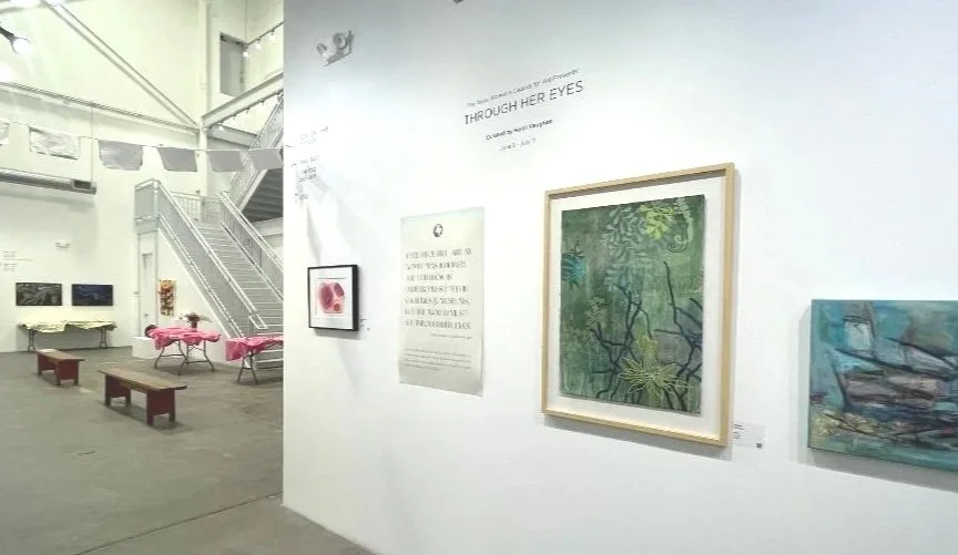 Gallery 200 at The Silos at Sawyer Yards (Houston) Through Her Eyes Juried Exhibition 2026 -- Title Wall -- Primordial Monolith Embers (far left)  