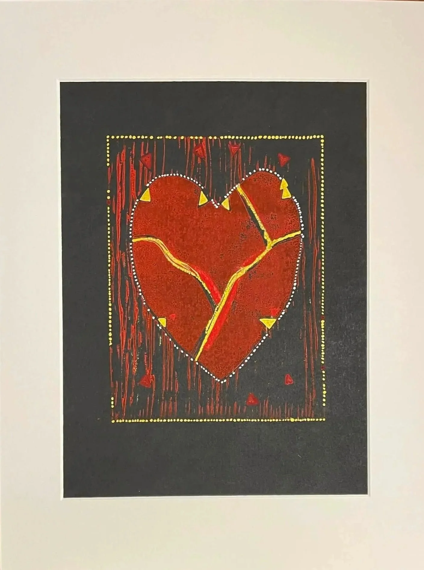 Kintsugi Heart I -- Ink Block Print + Mixed Media | 12 × 16 Matted (Unframed) $150