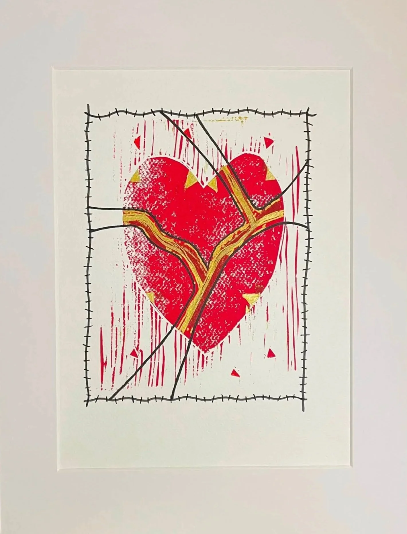 Kintsugi Heart IV -- Ink Block Print + Mixed Media | 12 × 16 Matted (Unframed) $150