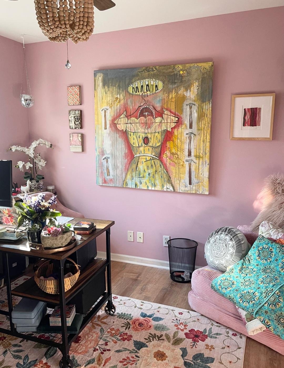 One of my cellular healing blankets in a collector's home office (far right)
