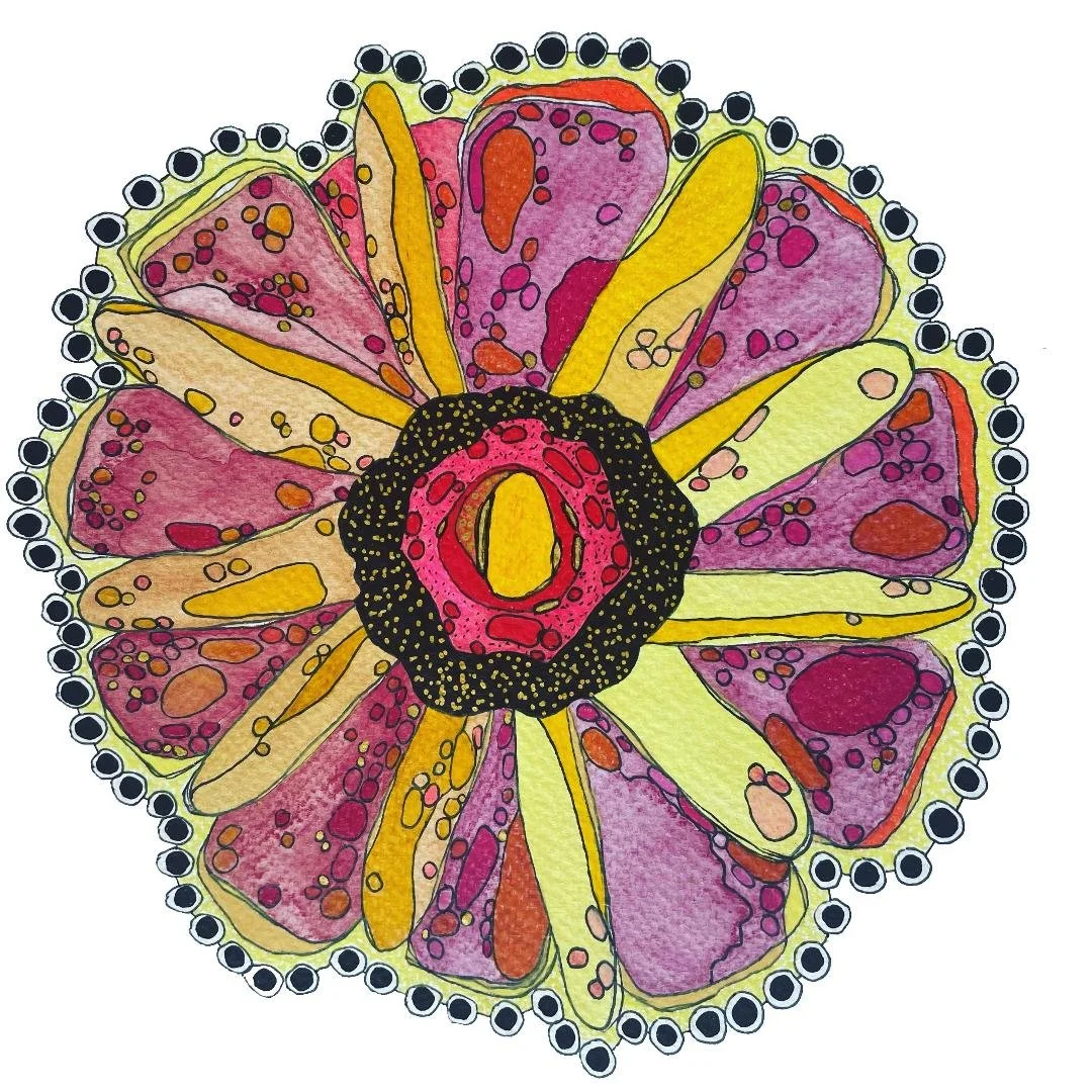 Cellular Floral Mandala: Berry Flower 12 x 12 Mixed Media on Watercolor Paper $125