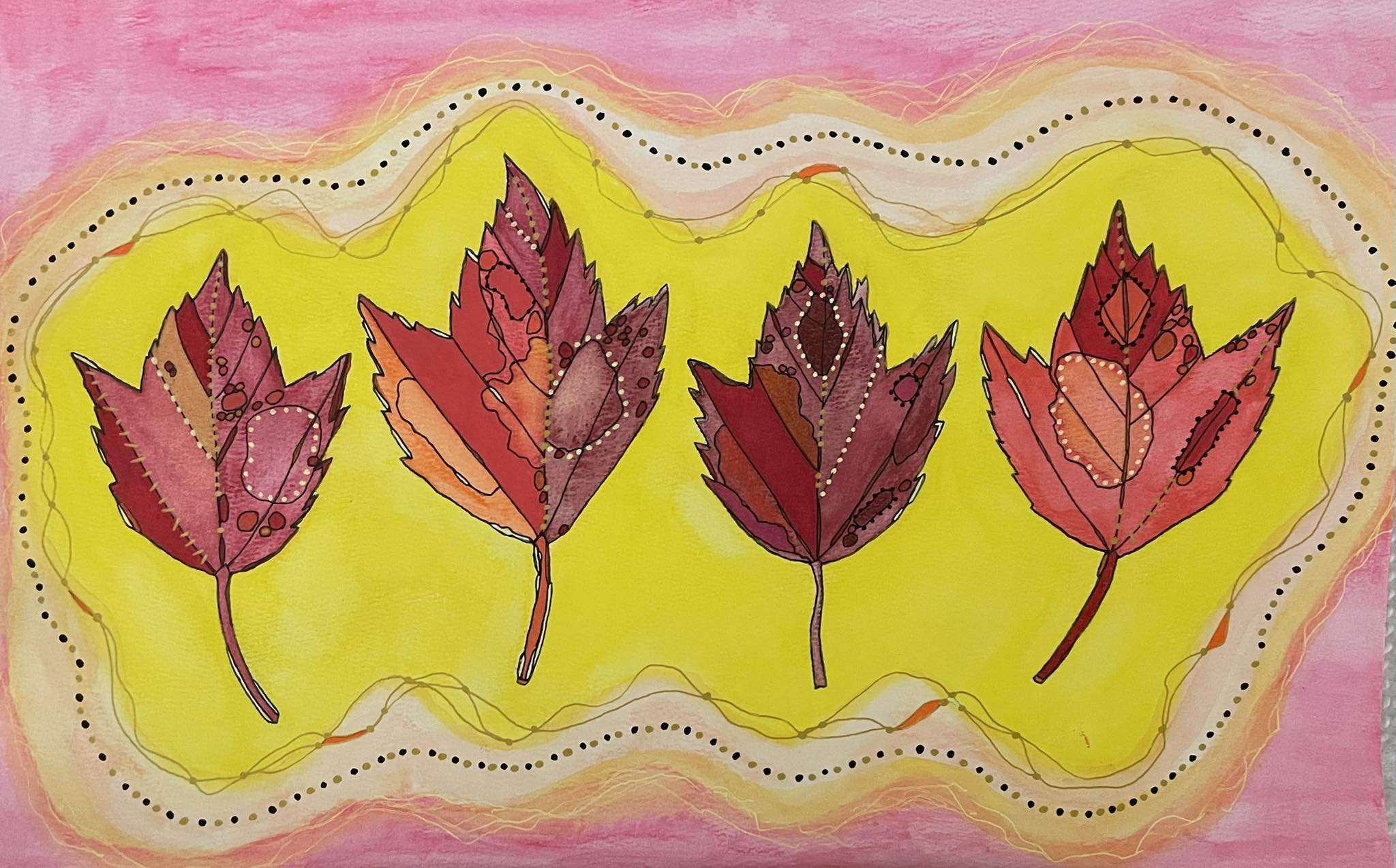 (NEW) Leaf Glow: Quartet (Red Maple) 14x18 (Will be 18x22 Framed) Mixed Media $450