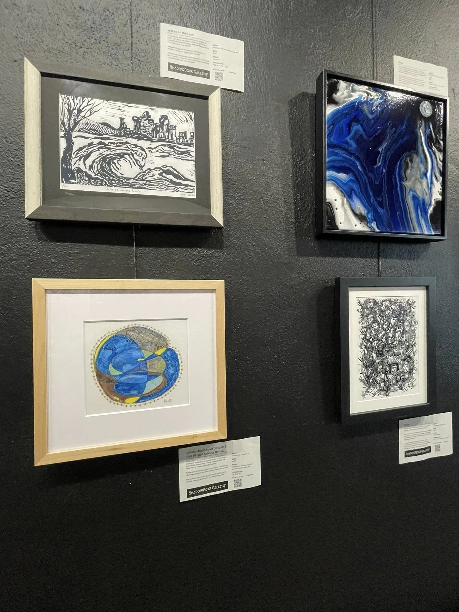 ShadowBoxX Gallery Pareidolia Juried Exhibition (Waukegan IL) "Cellular Anatomy of Despair with Little Rays of Light Shinging Through" (lower left) 