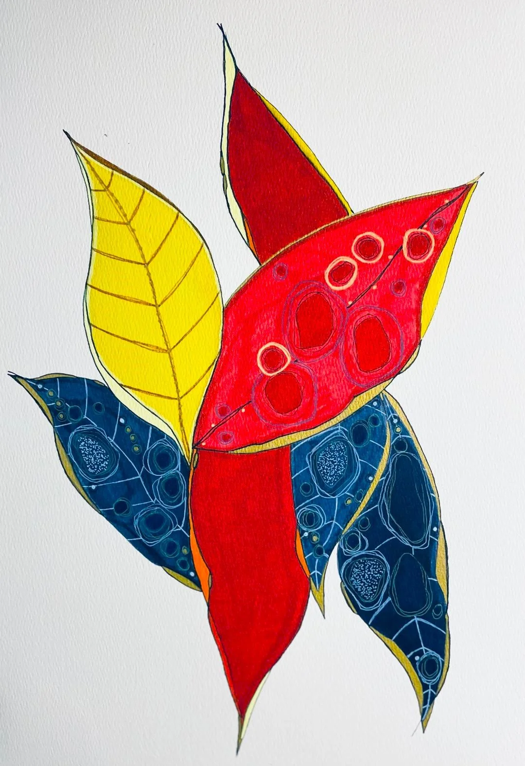 Blue, Red & Yellow Hostas -- Mixed Media on Watercolor Paper $350 (Currently being framed)