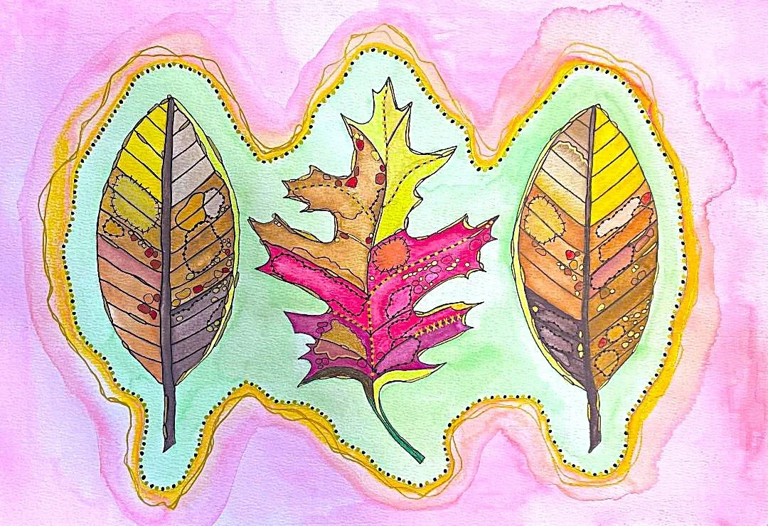 Imagery from "Leaf Glow with Patches: The Girl Who Loves Leaves" at the Archer Business Center in "Lure of the Local: Love Letters" Exhibition Oct 16-Nov 22 