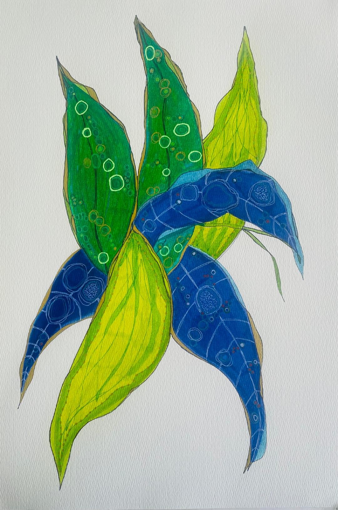 Blue & Green Hostas 1 -- Mixed Media on Watercolor Paper $350 Matted in White and Framed in Black Metal