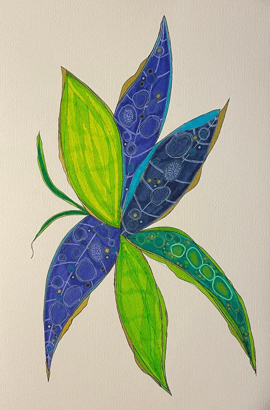 Blue & Green Hostas 2 -- Mixed Media on Watercolor Paper $350 Matted in White & Framed in Black Metal 