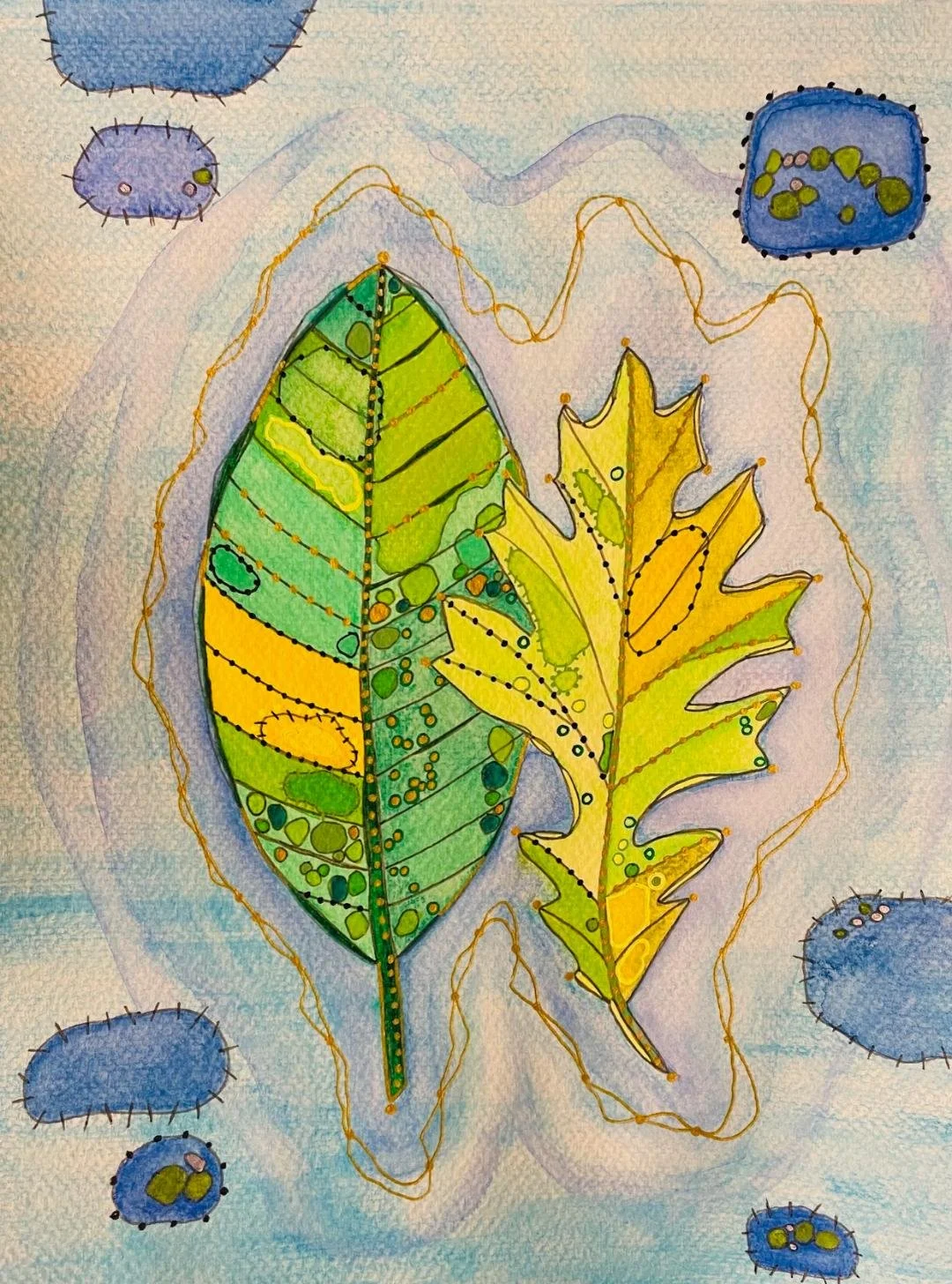 (NEW) Spring Leaf Touch (Pagoda Dogwood & Red Oak) 14.5 x 18.5 Mxed Media Framed in Gray Wood w/White Mat $350 