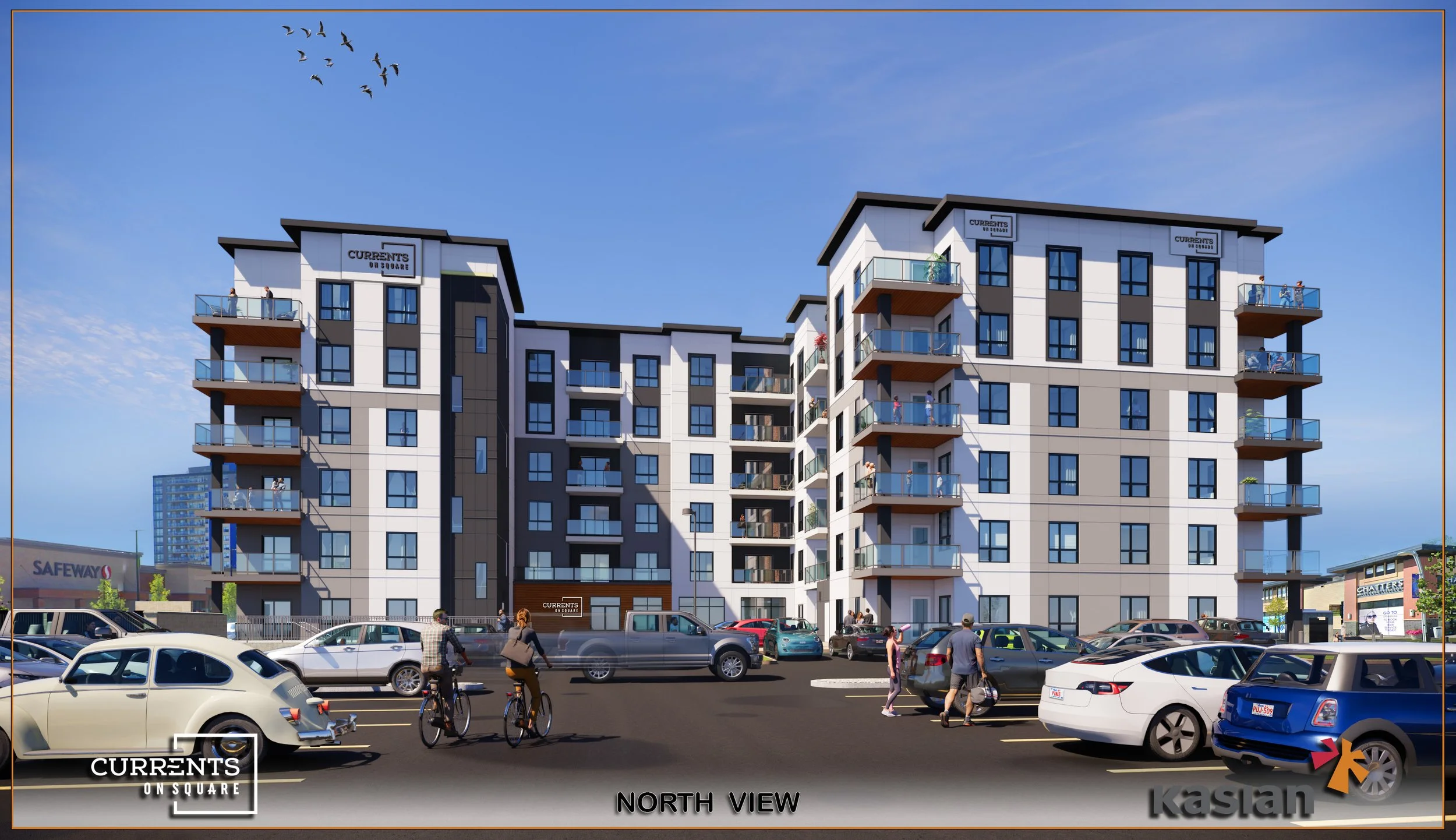 Exterior rendering of Currents OnSquare apartment complex
