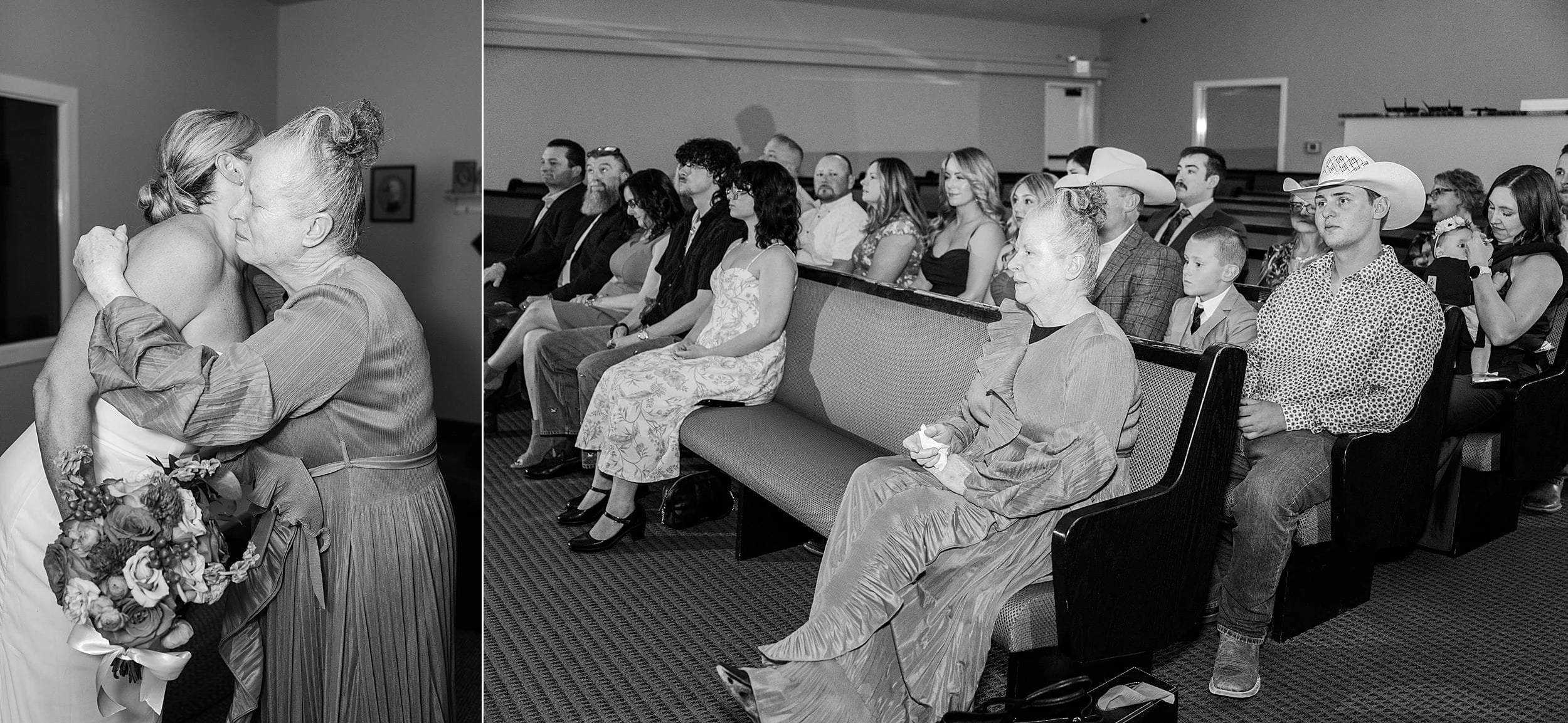 A black-and-white image shows a bride hugging an elderly woman with a bouquet in hand. To the right, guests in formal and cowboy attire sit in pews, some smiling.