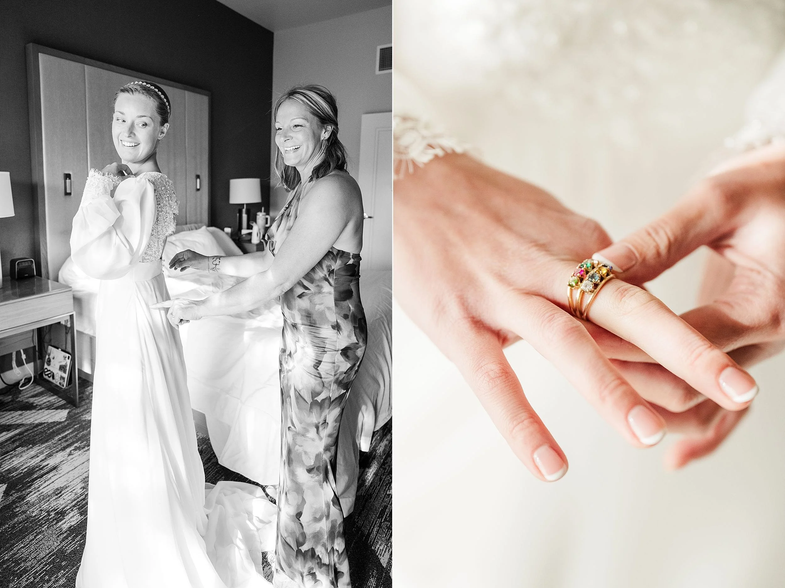 A bride smiles while getting her dress adjusted by another woman in a warmly lit room. Close-up of the bride’s hands shows a colorful ring.