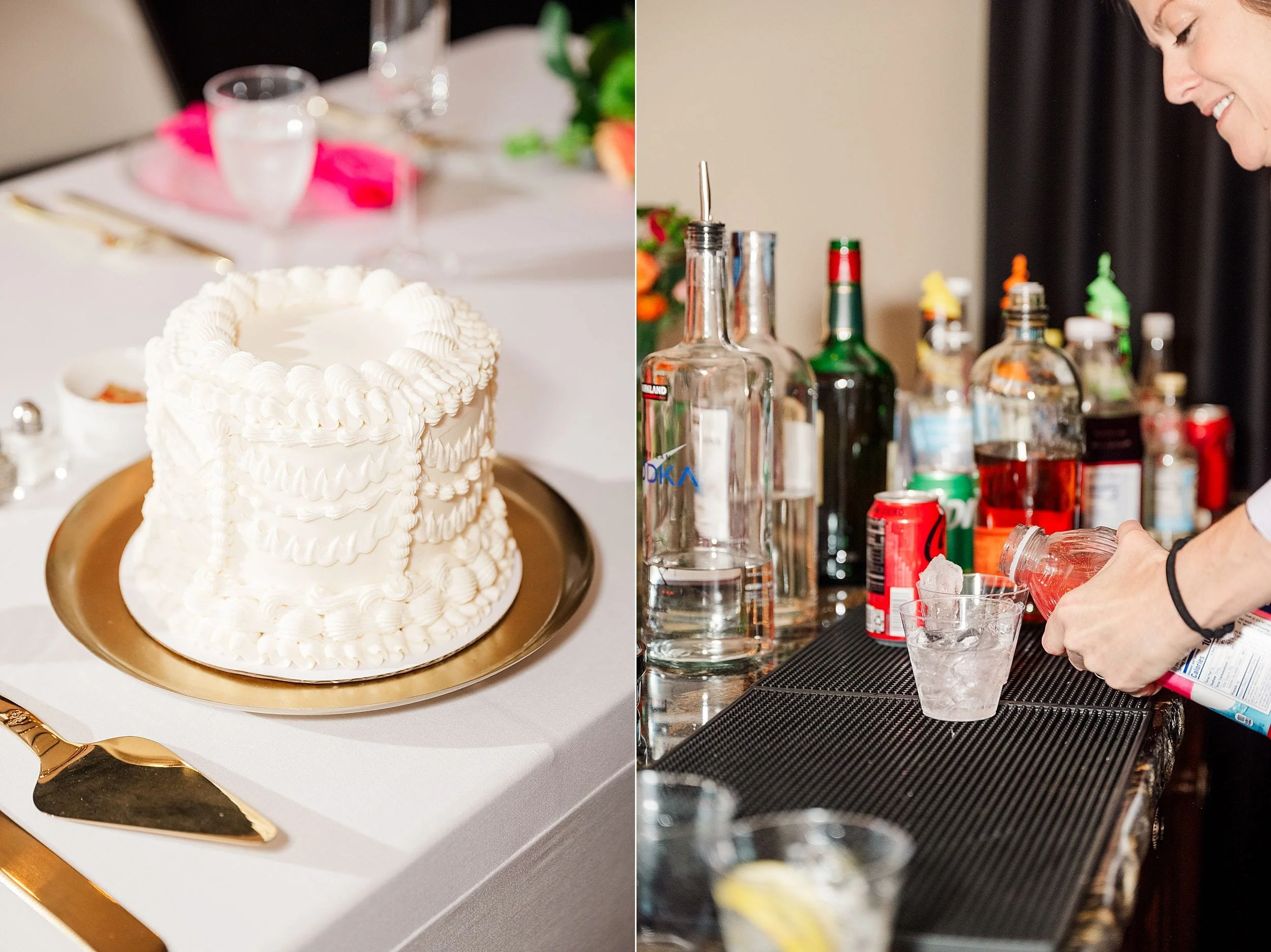 Alt text: Two-panel image. Left: Ornate white cake on a gold plate beside a cake server on a white tablecloth. Right: Person mixing drinks at a bar with various bottles and soda cans. The scene conveys a celebratory and festive mood.