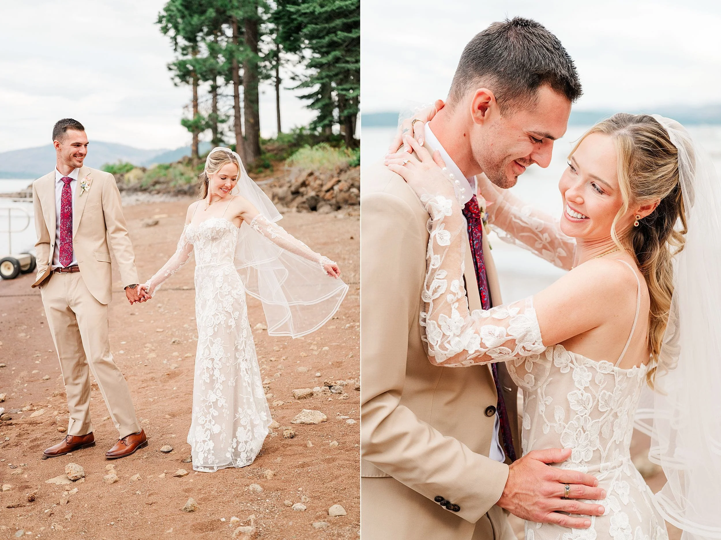 Newlywed couple on a rocky lakeside shore: bride lifts her veil beside her groom, then they embrace, smiling in a romantic wedding portrait.