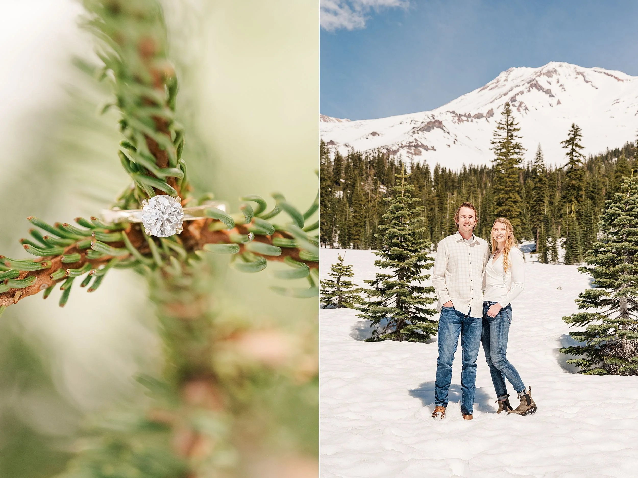 Close-up of an engagement ring on a pine branch. Beside it, a couple stands smiling on a snowy field with a forest and mountain backdrop.