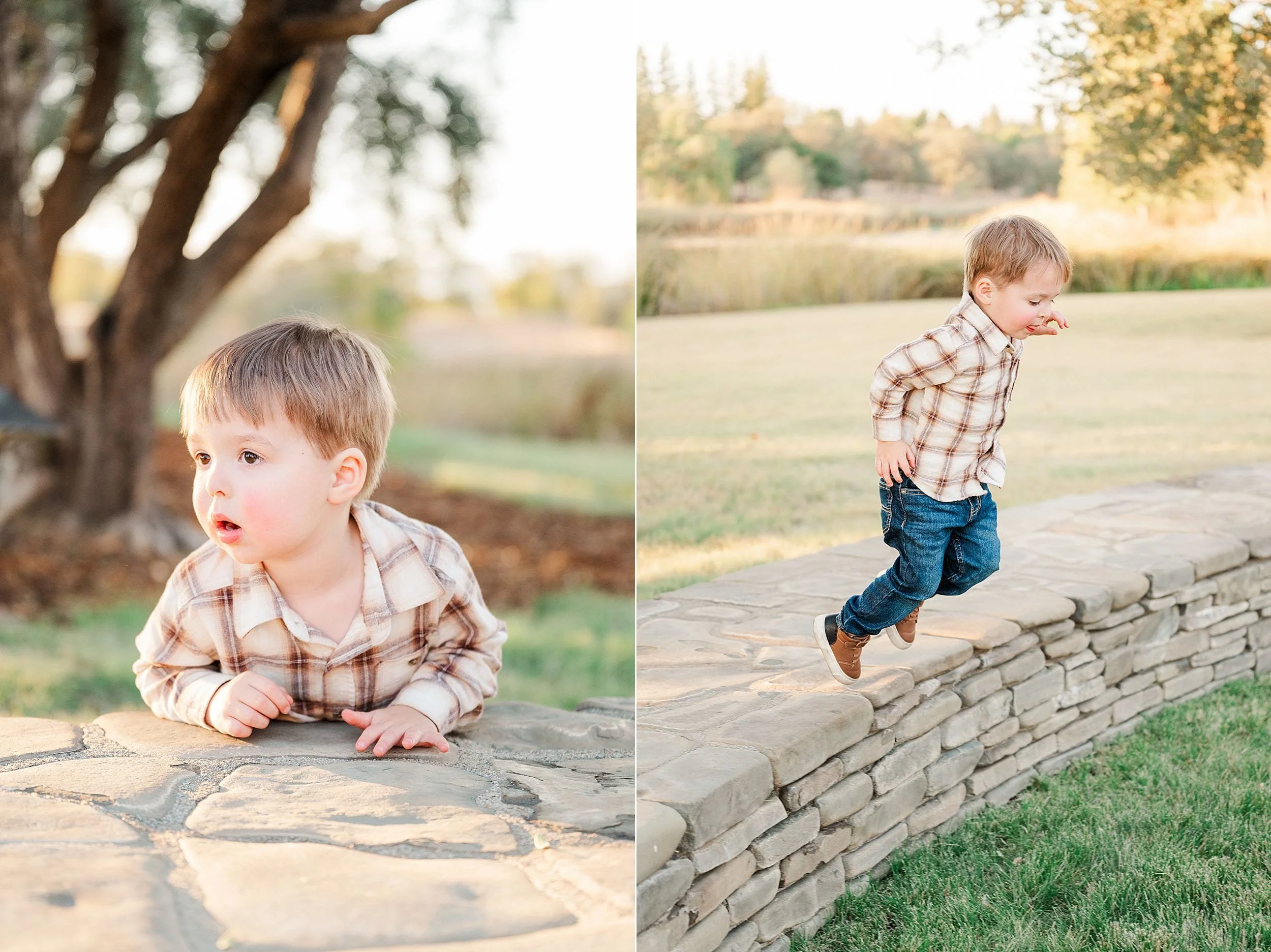 Two side-by-side portraits show a young boy in a plaid shirt: leaning on a stone wall and running along it outdoors in warm autumn light, playful and curious.