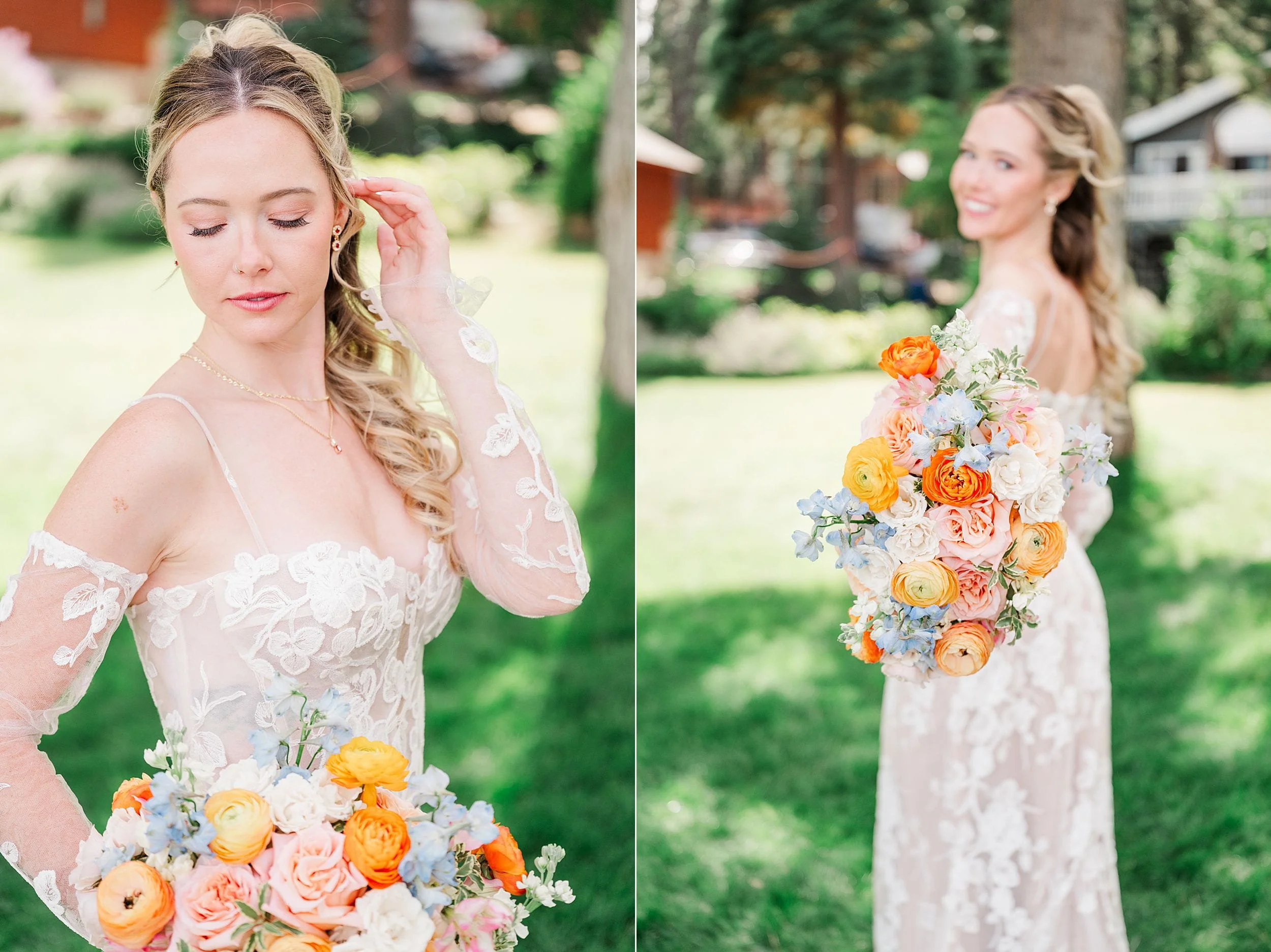 Bride in a lace wedding gown holds a pastel flower bouquet in a sunlit garden; two portraits show her serene, joyful bridal look.