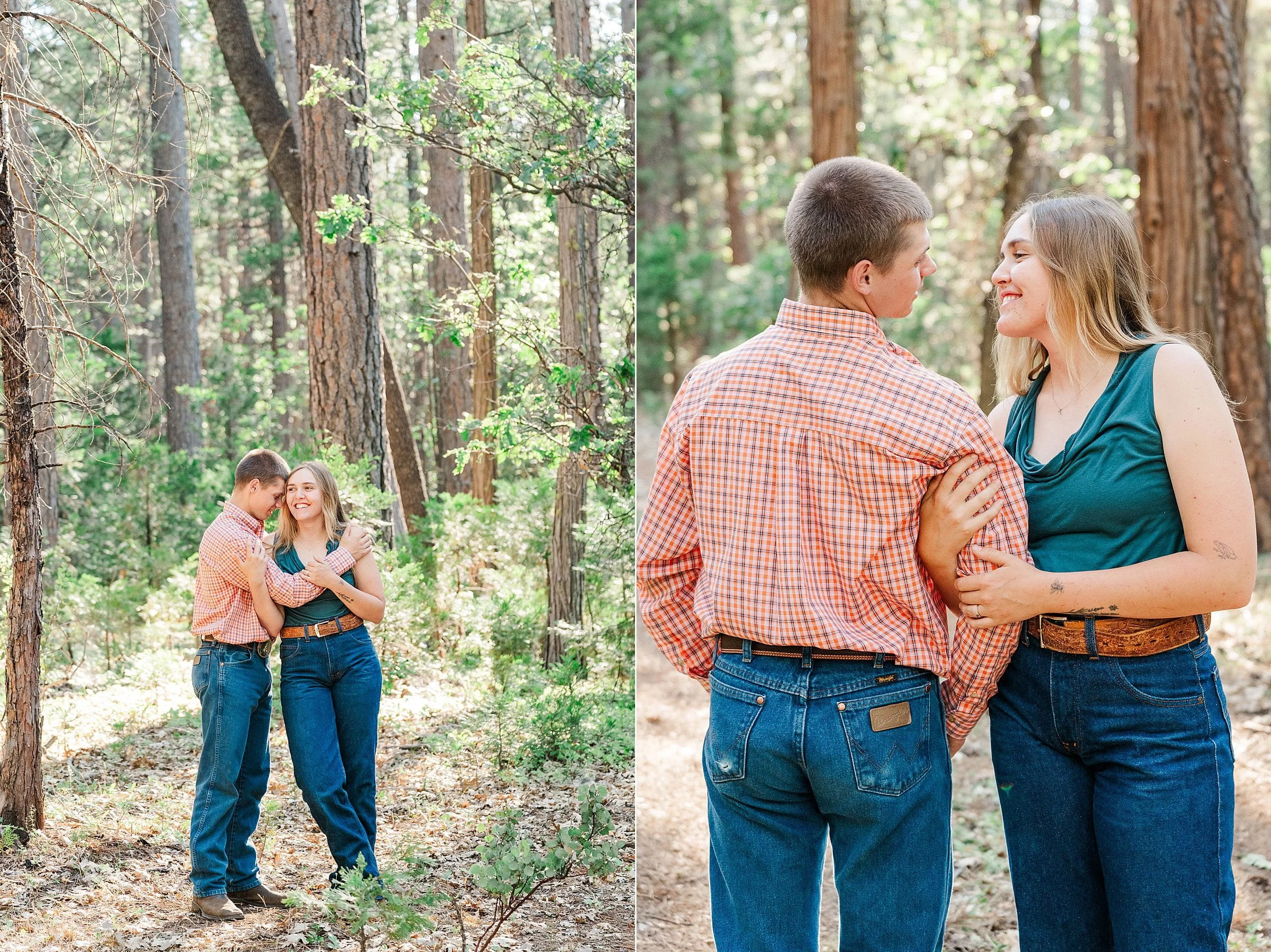 Couple embracing and smiling together among tall pine trees during a forest engagement session in Whitmore, California.