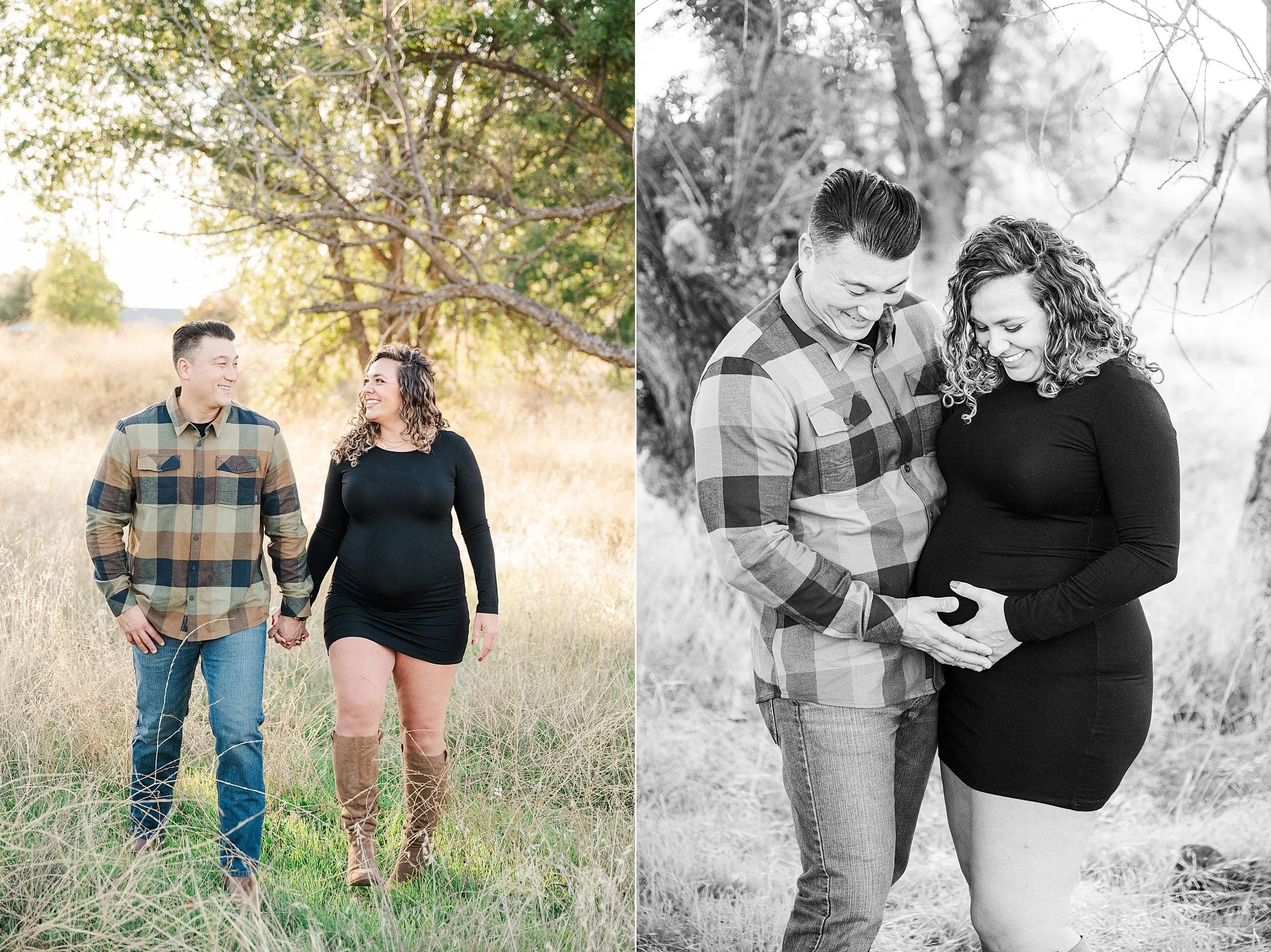 man in plaid flannel shirt and jeans walking with pregnant wife in tight black dress