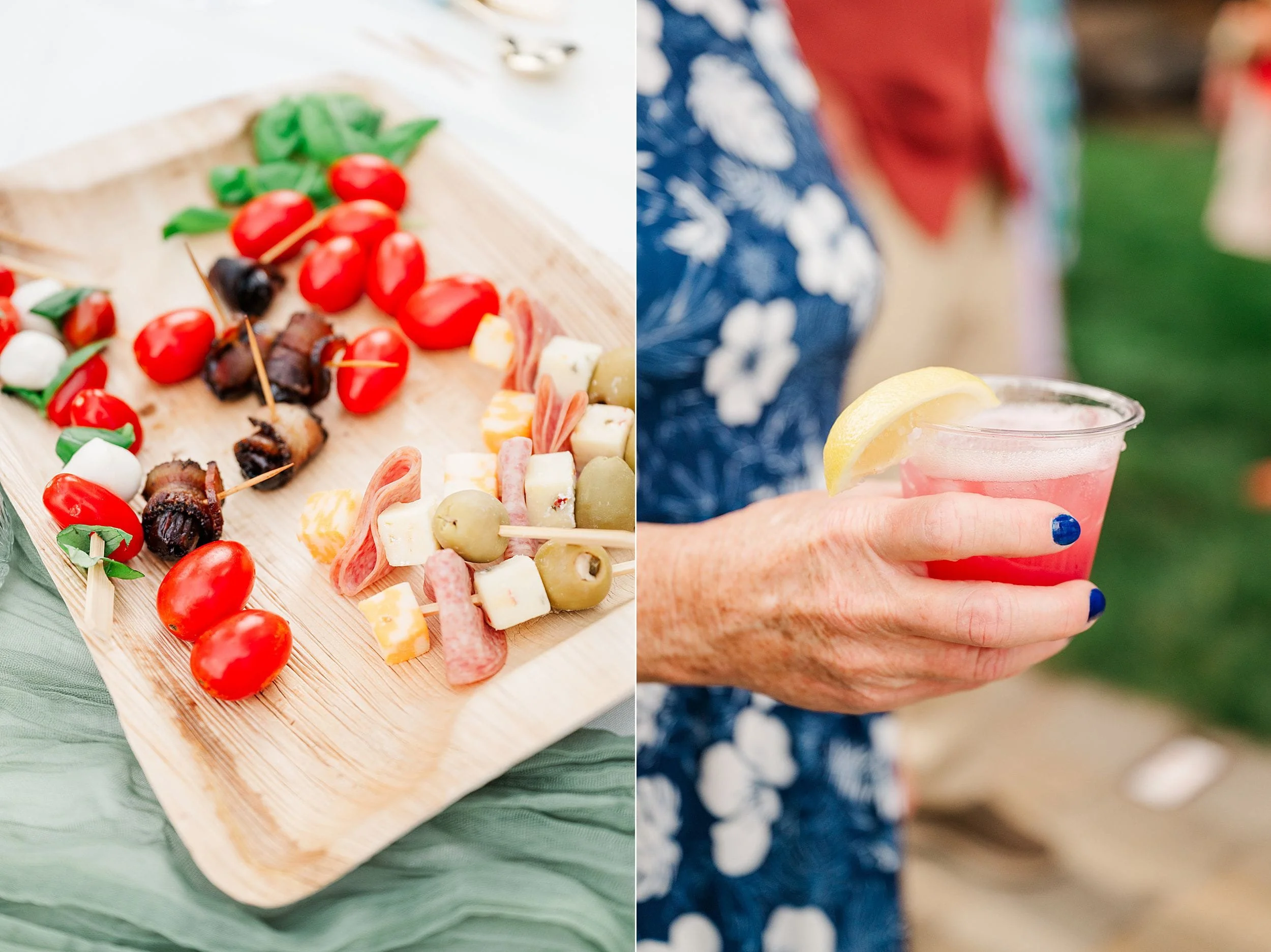 Split image shows colorful appetizer skewers with tomatoes, olives, cheese, and meat beside a person holding a pink drink outdoors.