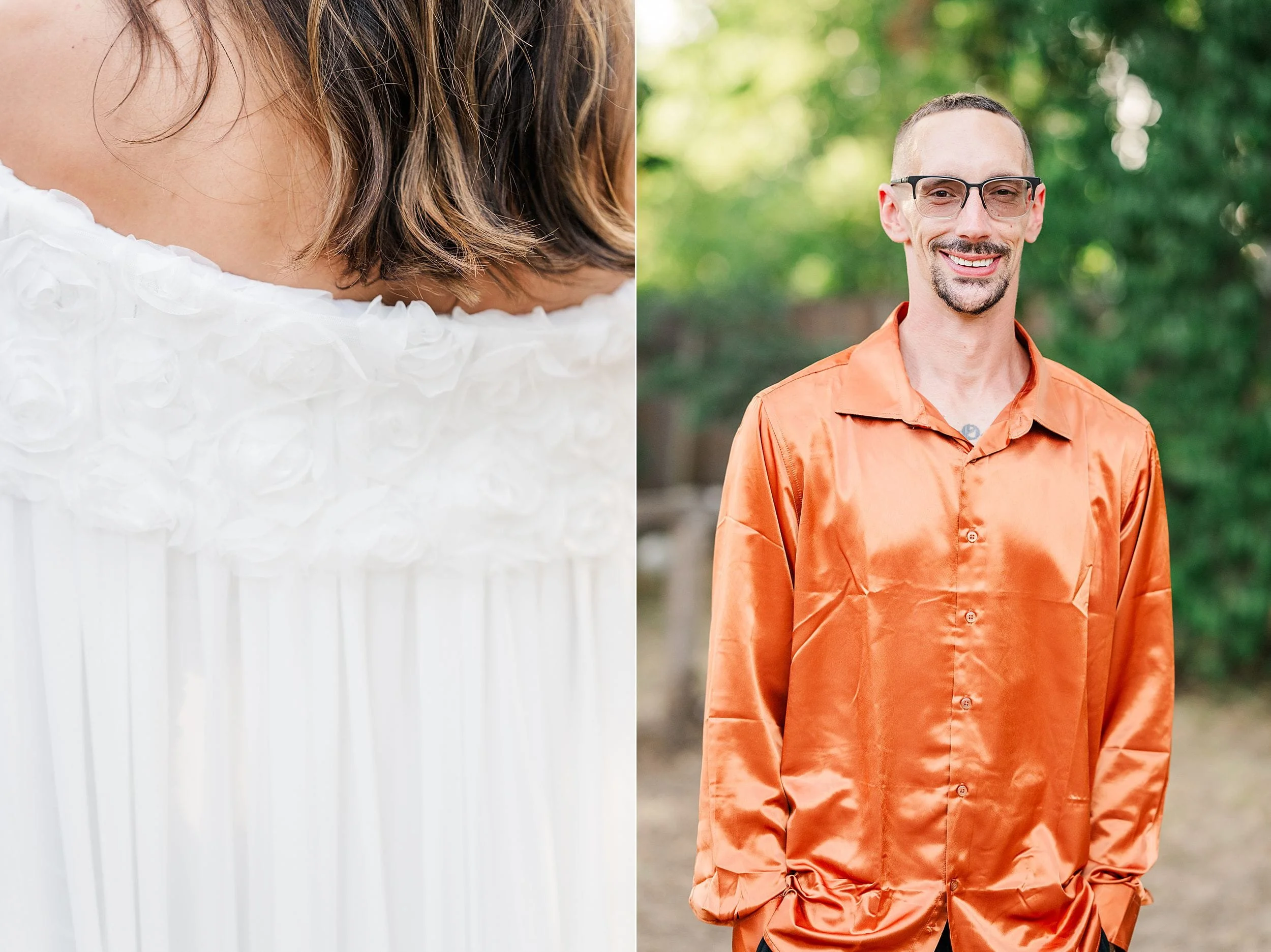 Split image: close-up of a person in a textured white dress beside a smiling man in an orange shirt outdoors, creating a warm, joyful portrait.