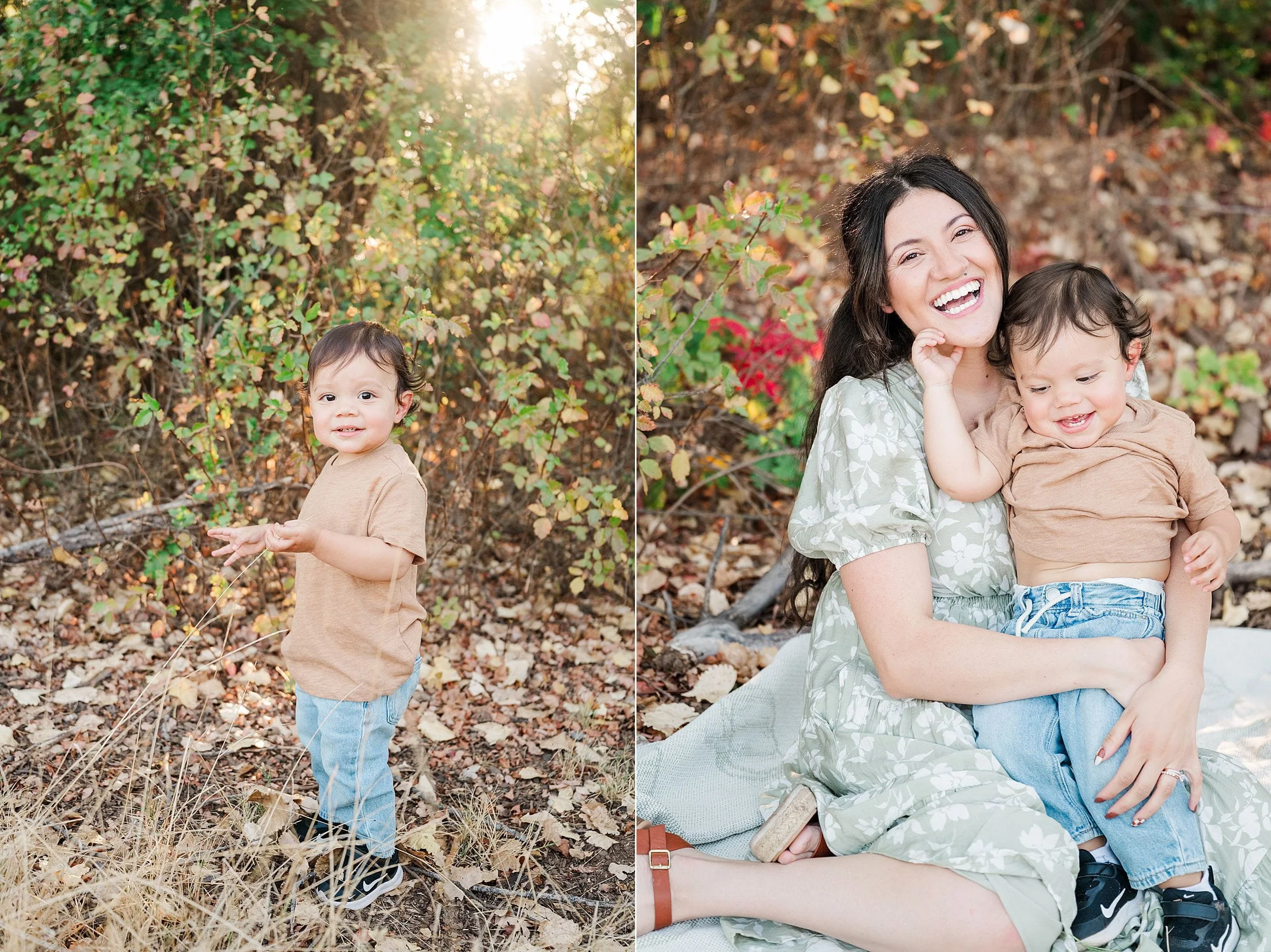 Warm autumn portraits show a toddler exploring fallen leaves and, beside it, laughing in his mother’s arms amid sunlit woodland foliage.
